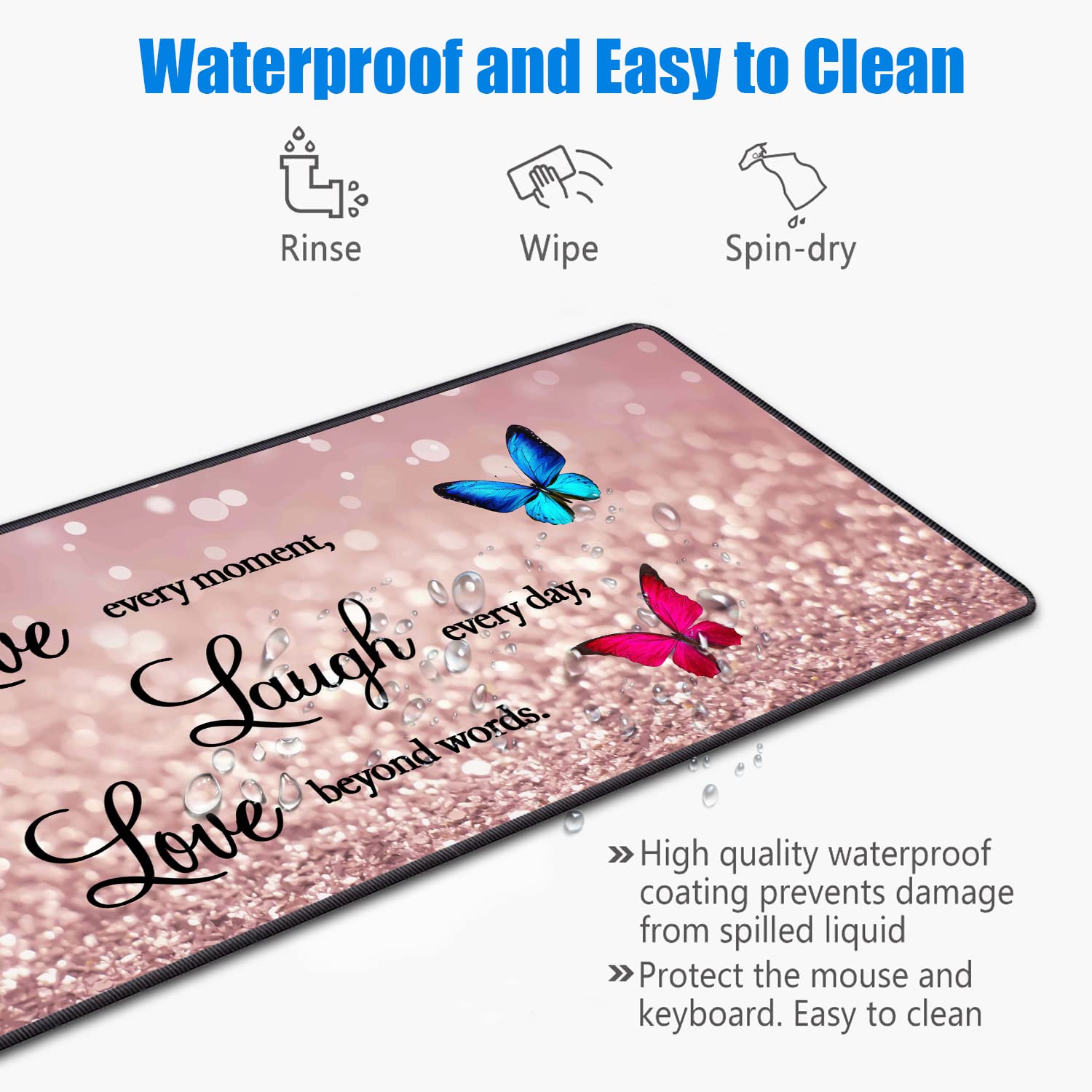 XXL Gaming Mouse Pad 31.5x11.8 Inches - Non-Slip Desk Mat with Stitched Edges & 4 Coasters for PC, Laptop, Office & Home Gaming Setup - Glitter Live Laugh Love Design - Perfect for Work, Gaming & Computer Use