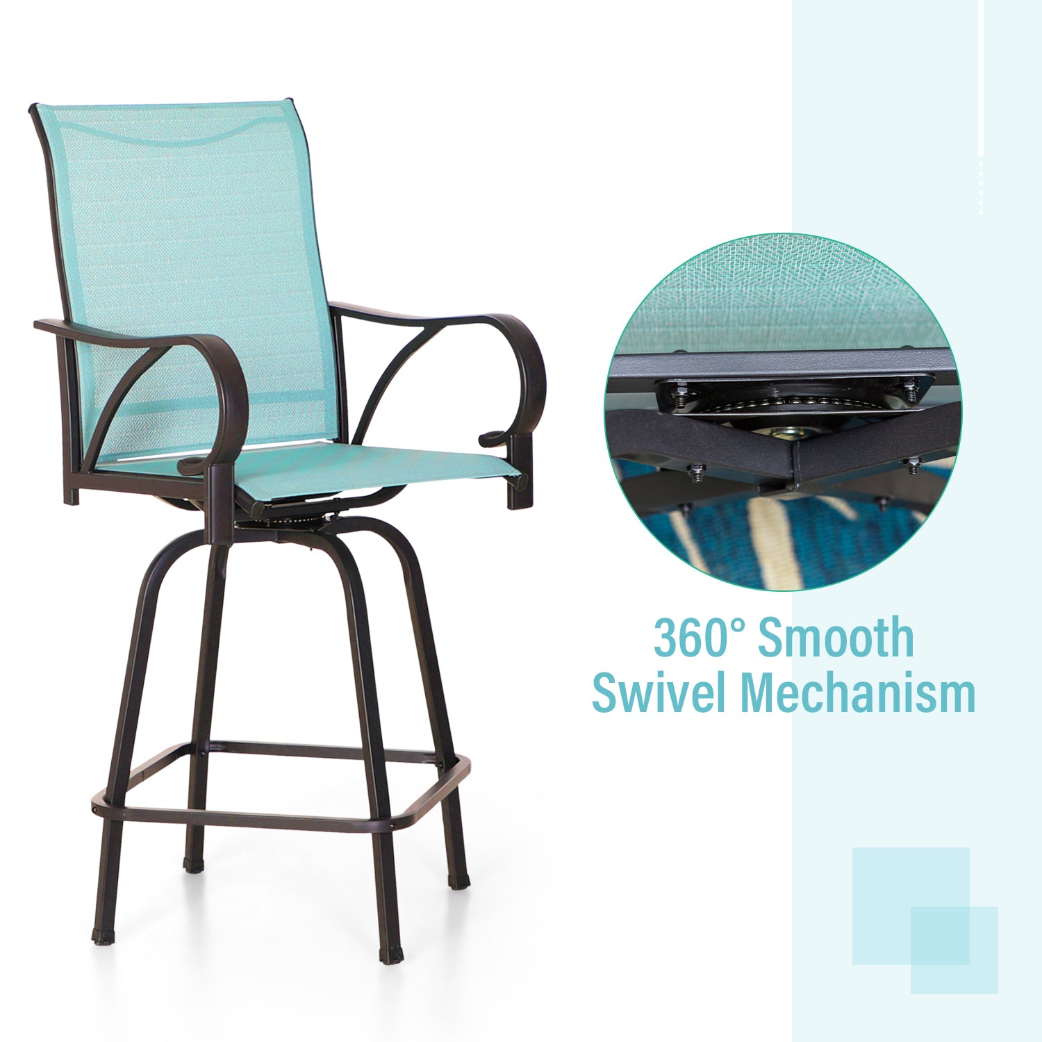 MFSTUDIO Aqua Textilene Swivel Patio Bar Stool Set with Geometric Stamped High Bar Table - Outdoor Dining, Poolside Lounge, Backyard Decor