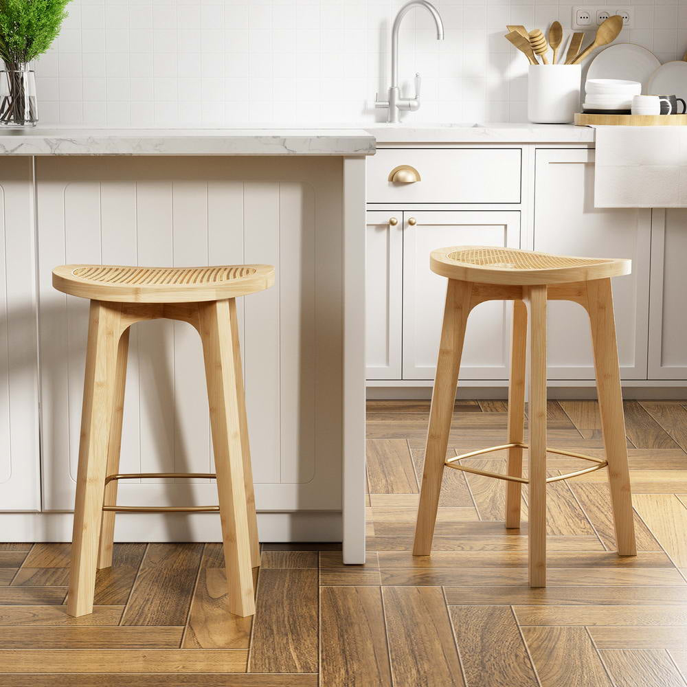 2 Pack Bamboo Rattan Bar Stools - Counter Height Barstools for Kitchen, Dining Room & Outdoor Use - Natural & Stylish Seating Solution
