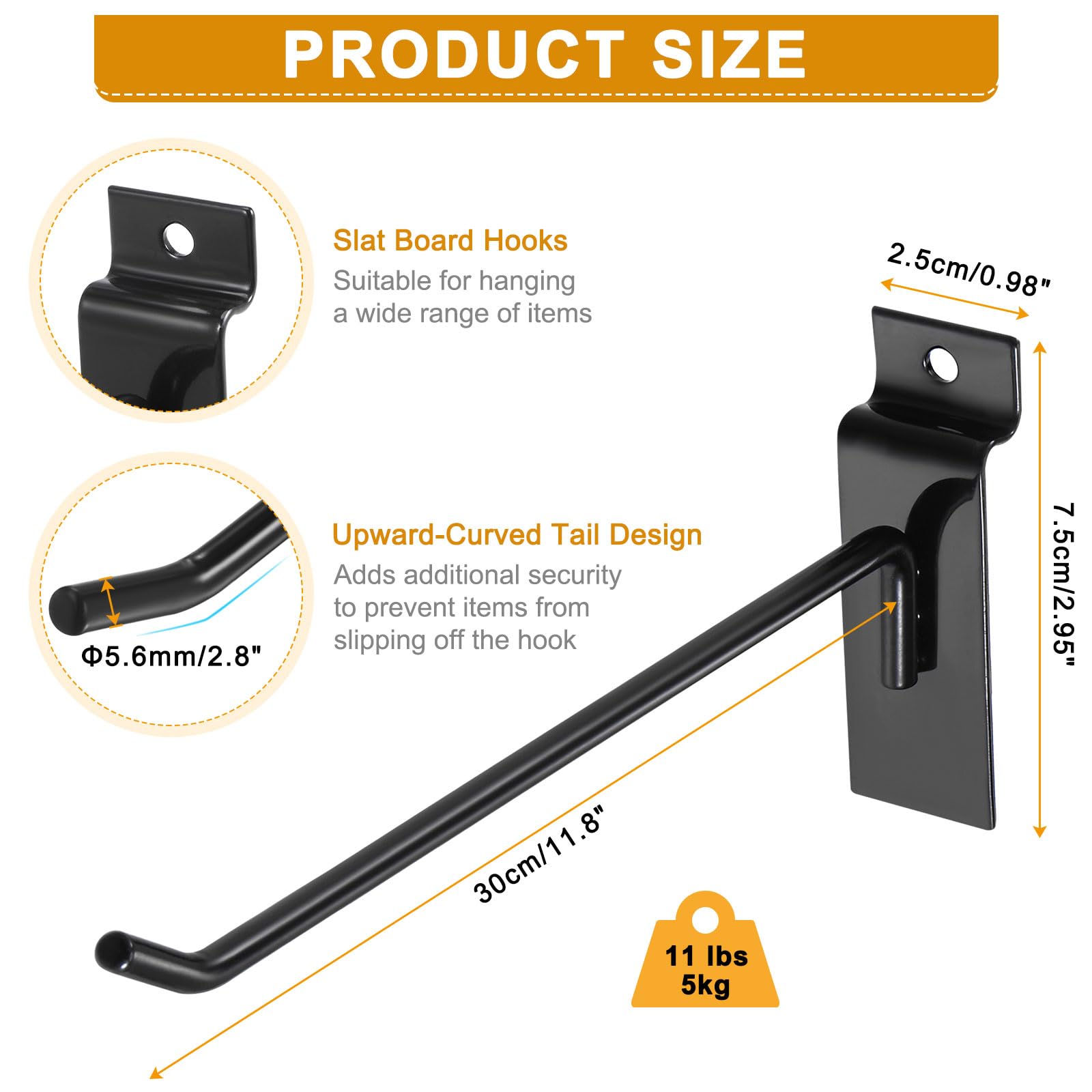 HARFINGTON 60-Pack 12-Inch Metal Slat Wall Hooks - Heavy Duty Pegboard Hangers for Garage Organization, Retail Display & Shop Storage - Black (Perfect for Supermarkets, Warehouses & Home Storage Solutions)