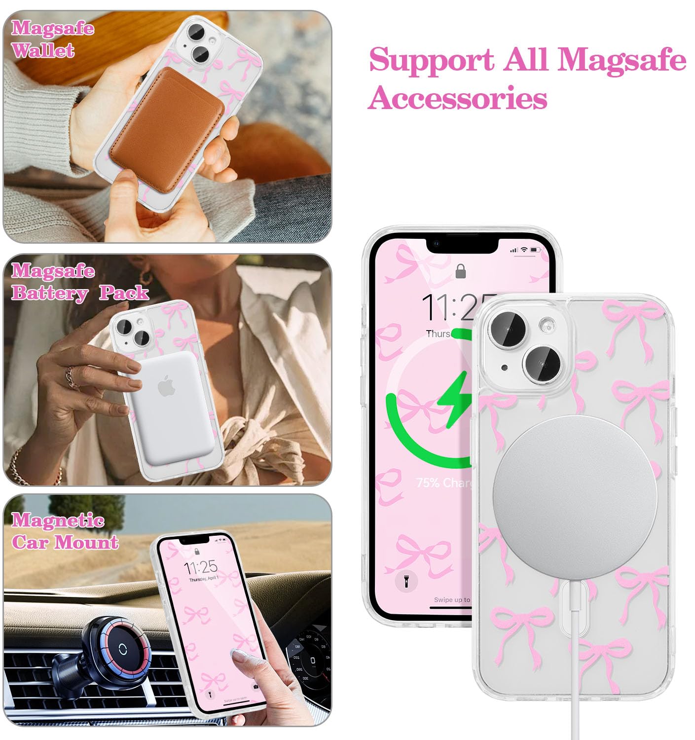 UEEBAI Magnetic Clear iPhone 15 Plus & 14 Plus Case with Bow Design - Slim Shockproof Protective Cover Compatible with MagSafe | Anti-Yellowing Wireless Phone Case for Women | Perfect for Everyday Use, Work & Travel - Pink