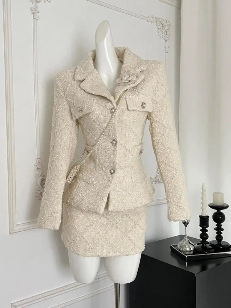 Vintage Women's Two Piece Set - Long Sleeve Single Breasted Beige Coat & High Waist Skirt | Fall Winter Fashion Outfit for Work, Date & Holiday Events