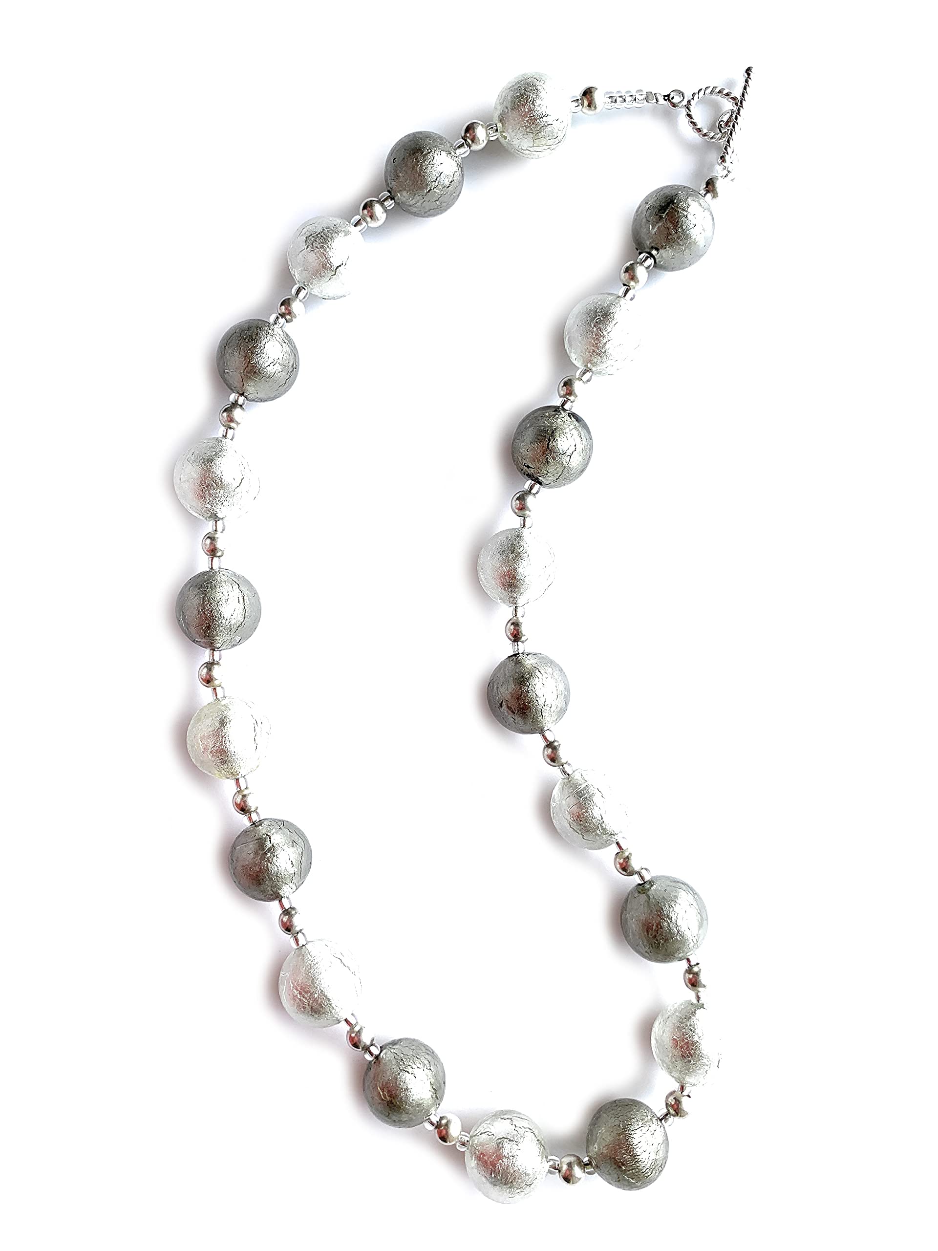 Diana Ingram Sterling Silver Necklace with Grey & Clear Crystal Murano Glass Beads | Elegant Small Sphere Beaded Jewelry for Women | Perfect for Parties, Weddings & Everyday Wear