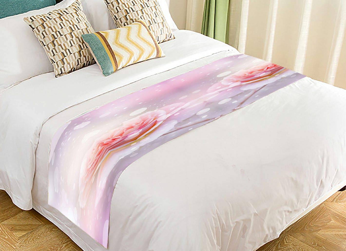Vintage Style Pink Rose Flower Bed Runner Scarf - 20x95 Inch Elegant Bedding Decor for Romantic Bedroom, Wedding, Boho Home Decor & Photo Backdrop