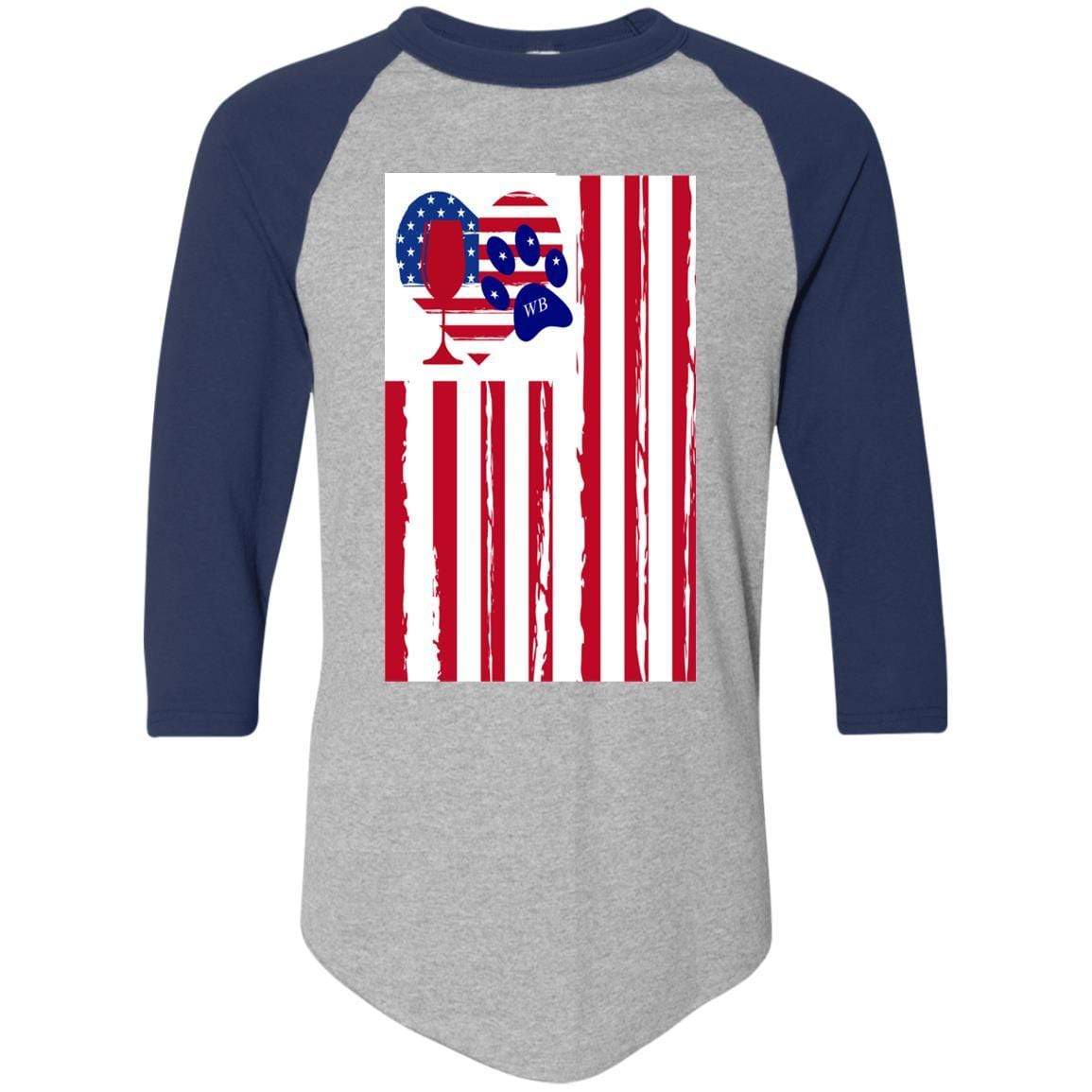 American Flag Wine Glass with Paw Heart Design - Colorblock Raglan Jersey for Women | Perfect for Patriotic Parties, BBQ Gatherings & Wine Lovers