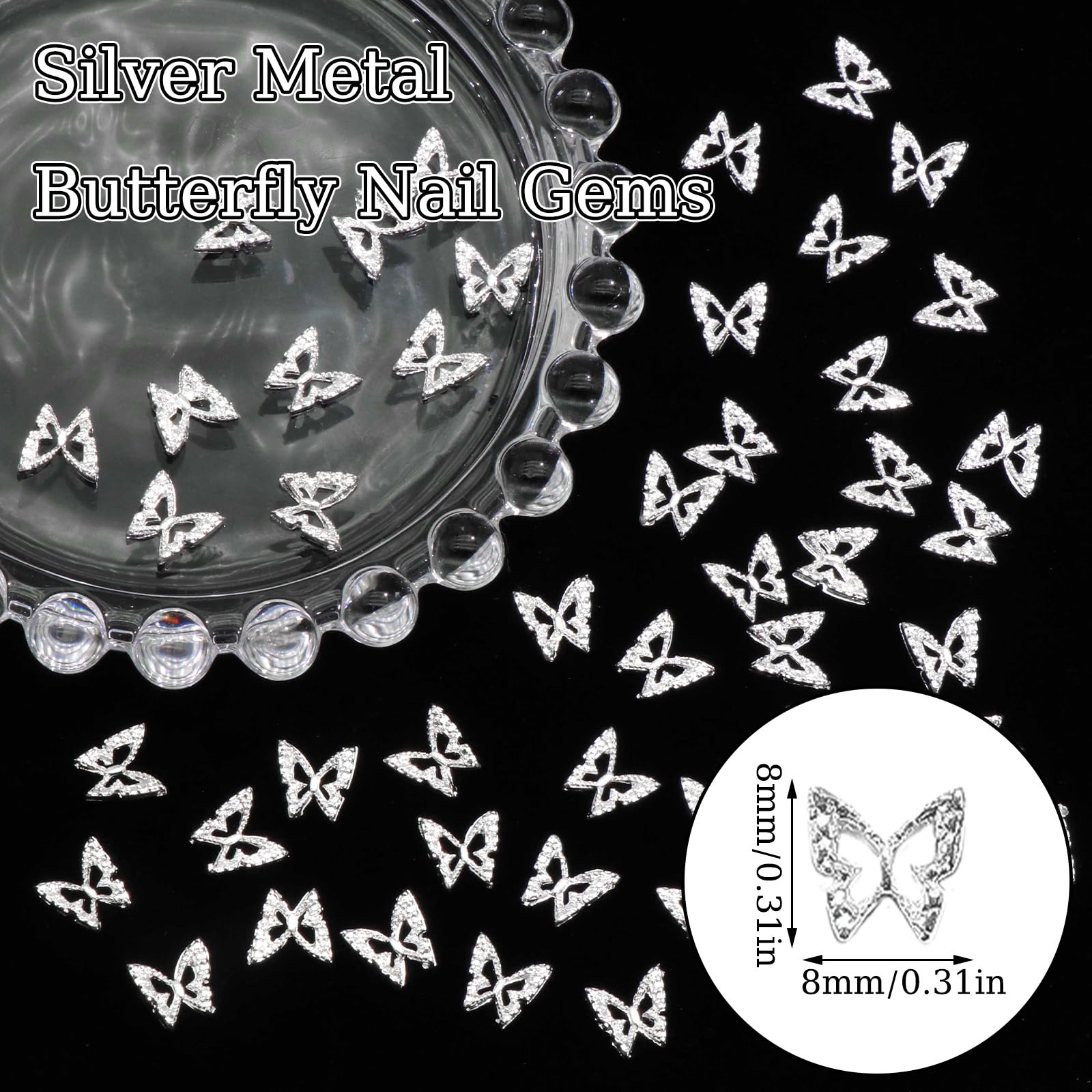 3D Silver Butterfly Nail Charms - 50PCS Alloy Nail Gems for Manicure, DIY Nail Art & Nail Decoration | Perfect for Acrylic Nails, Gel Polish & Professional Nail Design