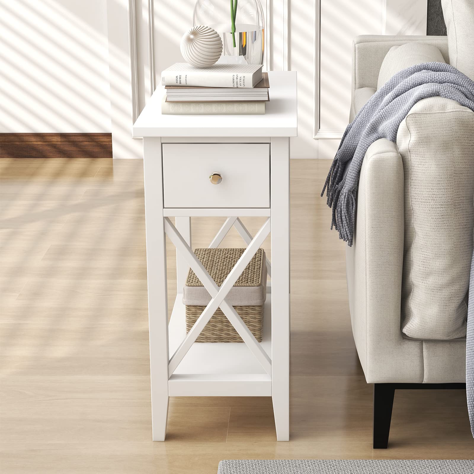 ChooChoo White Flip Top Narrow End Table with Drawer - MDF Material Small Side Table Nightstand for Living Room, Bedroom & Small Spaces - Perfect for Tight Corners, Studio Apartments & Cozy Reading Nooks
