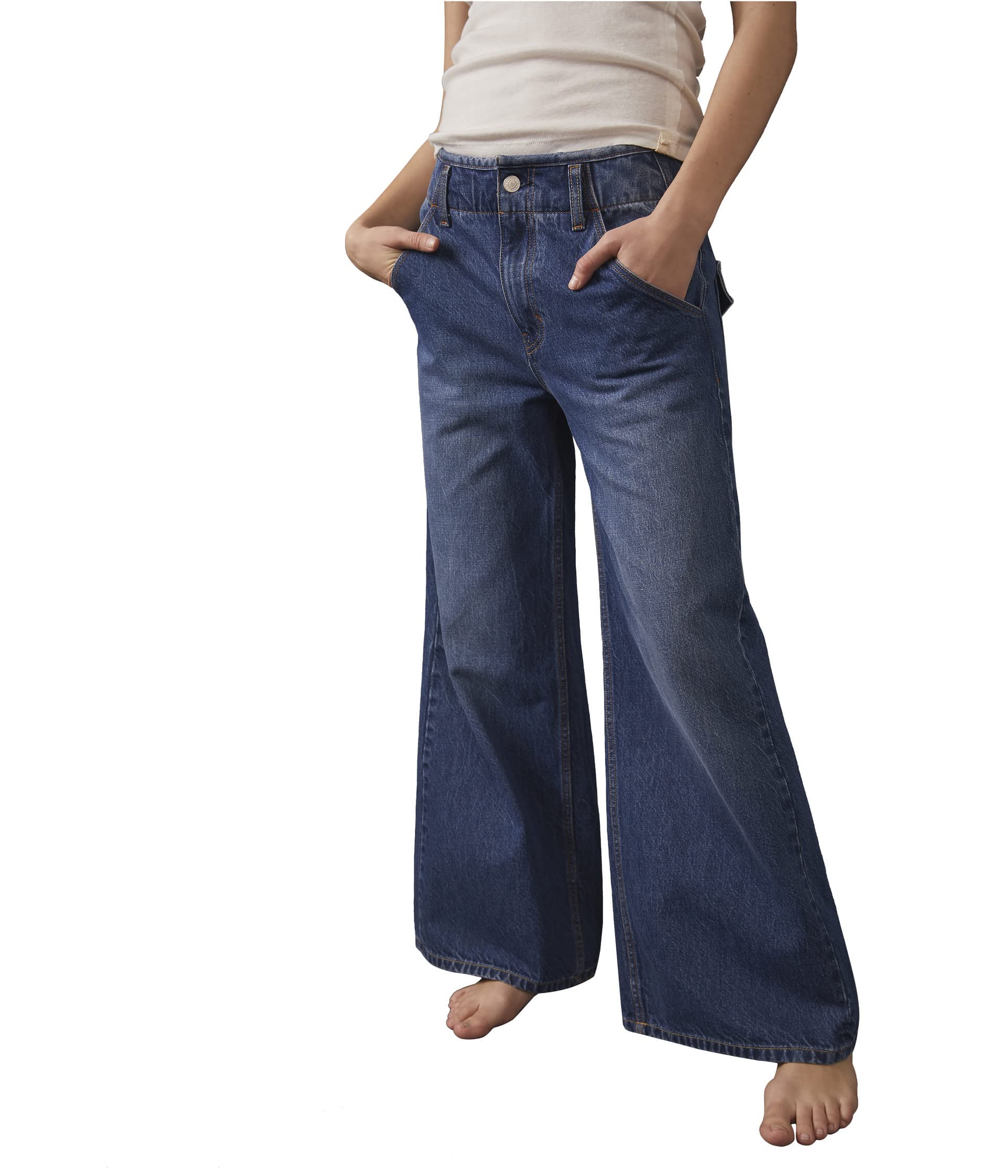 Free People Harlow Mid-Rise Wide Leg Jeans for Women - Vintage Distressed Denim Pants with Comfortable Stretch - Perfect for Casual Outfits, Boho Style & Everyday Wear