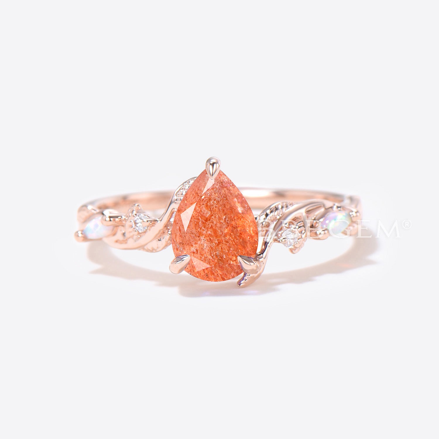 Twig Vine Pear Shaped Sunstone Engagement Ring Leaf Opal Bridal Set - Elegant Nature-Inspired Wedding Jewelry for Brides & Engagement Proposals
