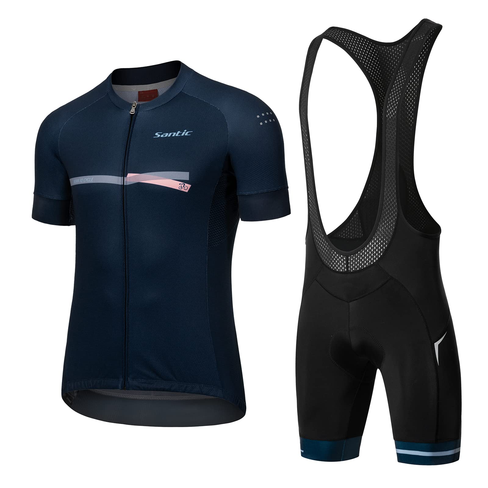 Santic Men's Cycling Jersey & Shorts Set - Breathable Short Sleeve Bike Shirt with Padded Cycling Shorts - Comfortable Bicycle Riding Outfit for Road & Mountain Biking