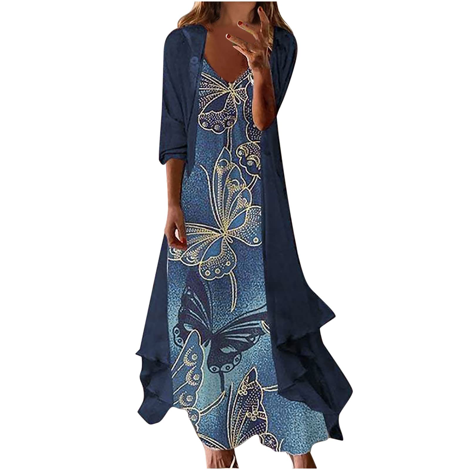 Women's Flowy Floral Print Chiffon Two-Piece Dress Set - Plus Size Sleeveless Summer Dress for Wedding Guest, Beach Vacation & Casual Outings