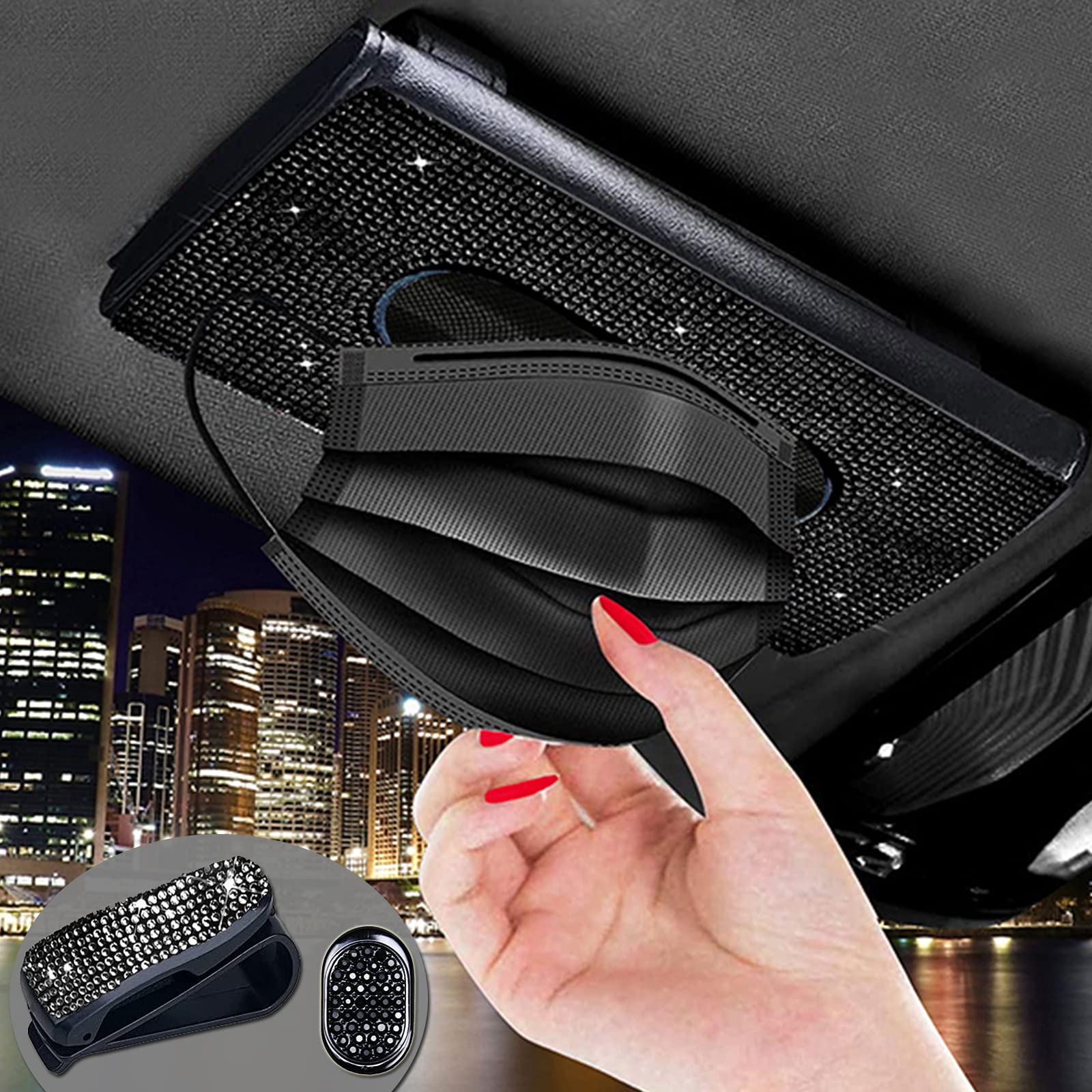 FUNOJOY Bling Car Visor Tissue Holder - Black Rhinestone Car Accessory for Women | Sun Visor Napkin & Mask Organizer | Perfect for Road Trips, Commuting & Daily Driving | Sparkling Car Decor Gift Idea