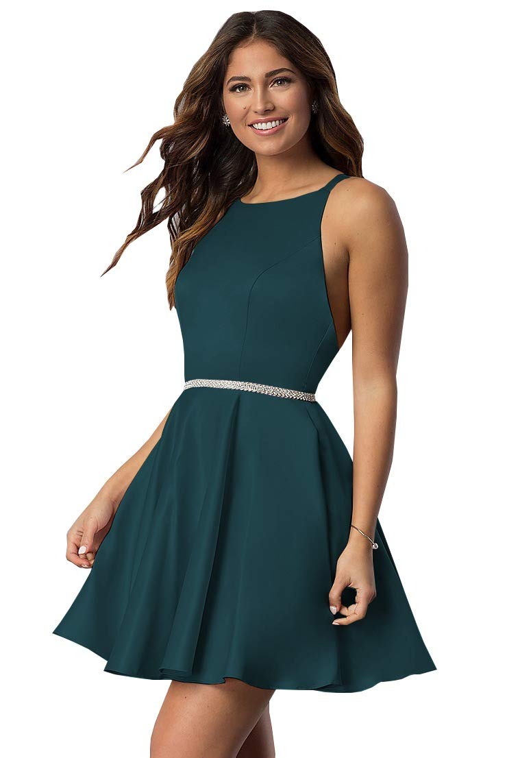 POMUYOO Women's Scoop Neck Beaded Satin Prom Dress - Short Homecoming Party Dress with Pockets for Formal Events, Dances & Special Occasions
