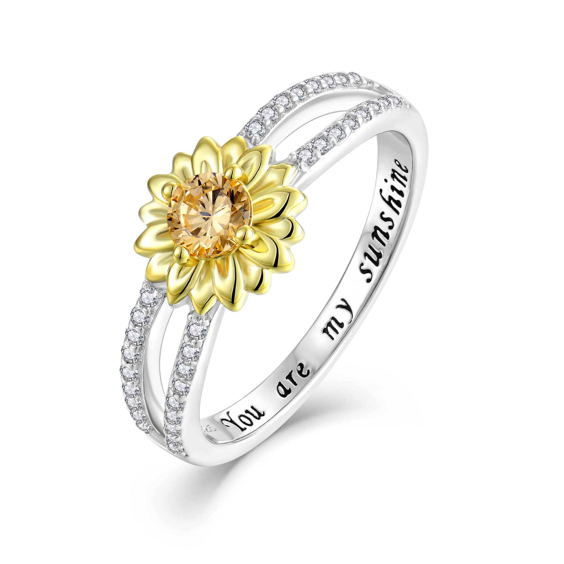 Sterling Silver Sunflower Ring with Cubic Zirconia - 