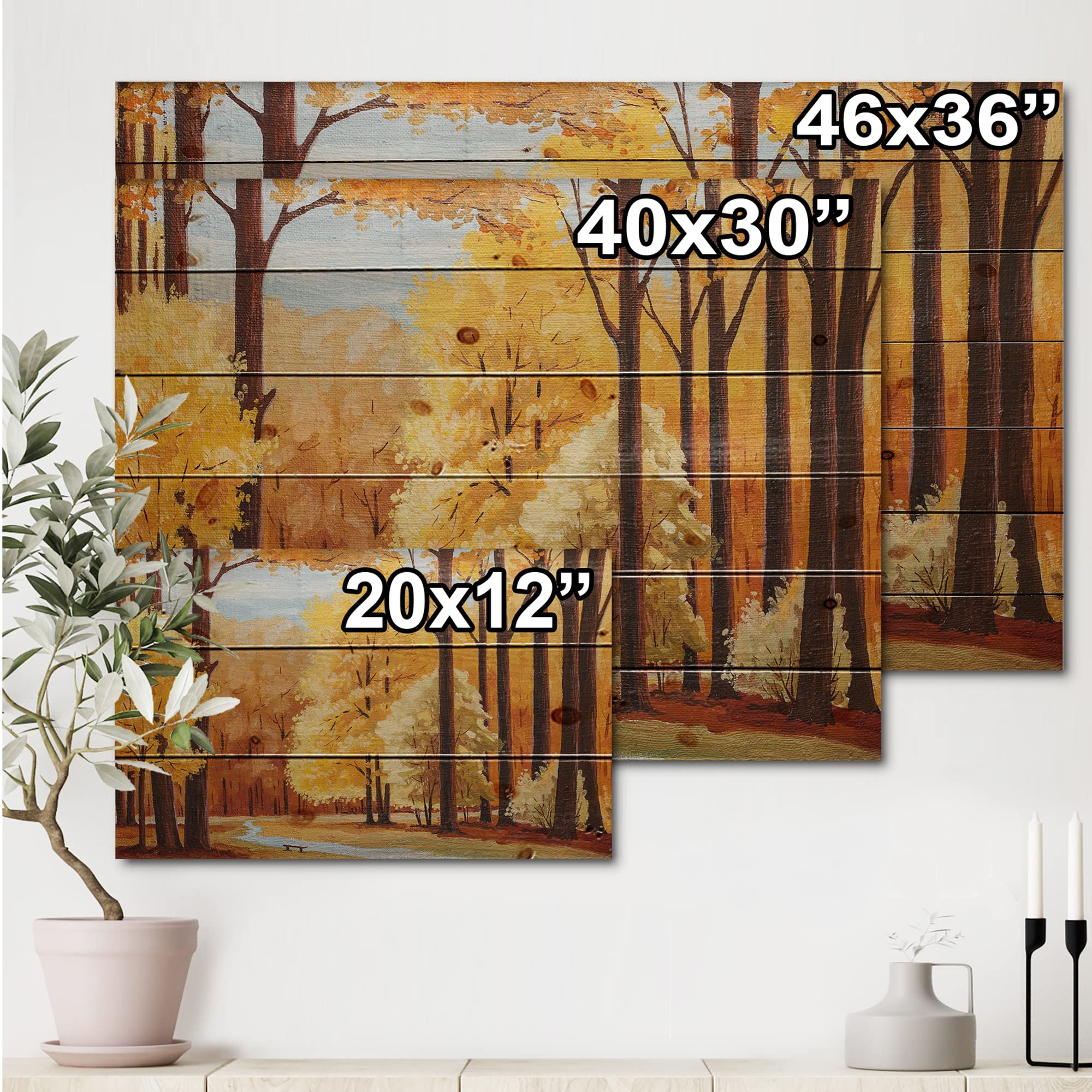 DesignQ Orange Autumn Trees At Dawn Farmhouse Wood Wall Decor - Large Yellow Wood Wall Art Panel with Landscape Print on Natural Pine - Perfect for Living Room, Bedroom & Home Office Decor