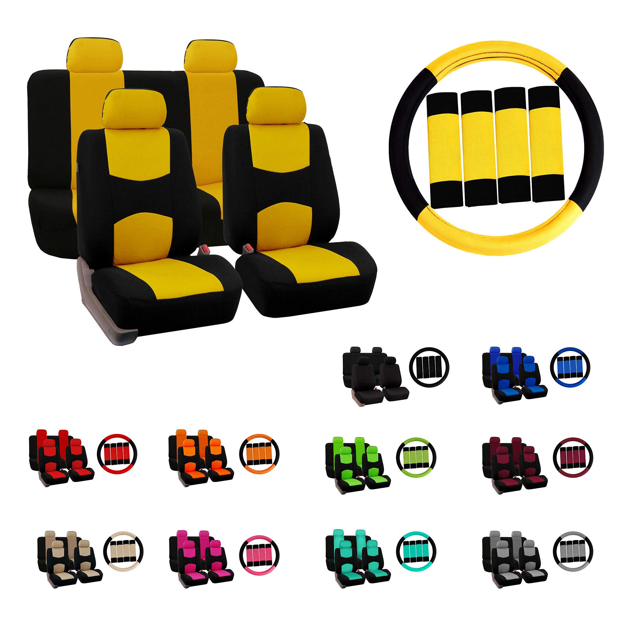 Premium FH Group Universal Car Seat Covers Set - Breathable Flat Cloth Automotive Protection for Cars, Trucks & SUVs | Includes Steering Wheel Cover & Seat Belt Pads | Perfect for Daily Commute, Road Trips & Family Travel