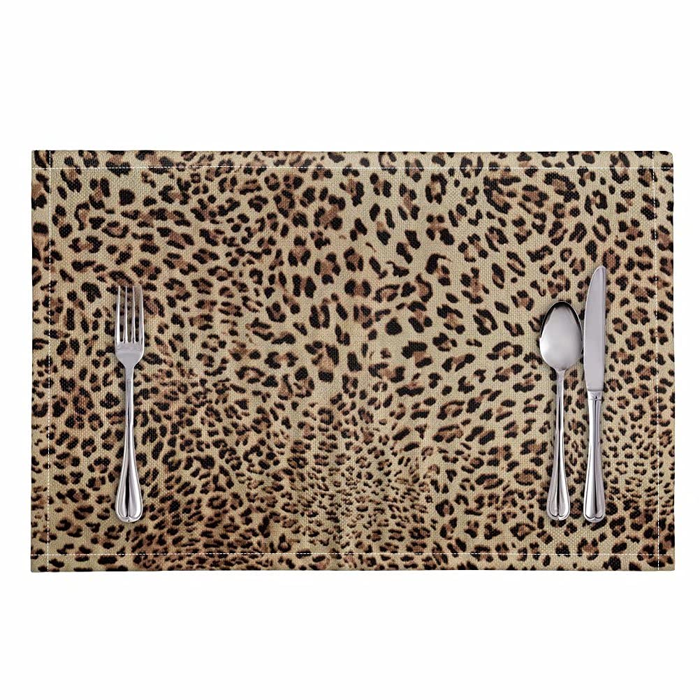 GIFTPUZZ Non-Slip Woven Vinyl Placemats Set of 4 - Waterproof, Heat Resistant & Washable Table Mats for Dining - Brown Leopard Print Design | Perfect for Kitchen, Restaurant, and Home Decor