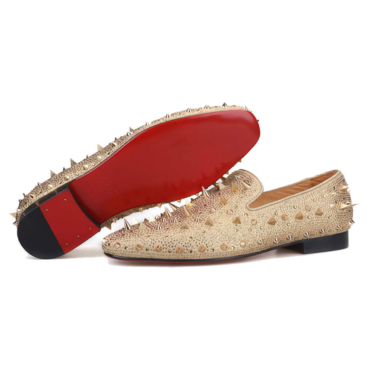 FERUCCI Men's Gold Spike Loafers with Crystal Rhinestones - Stylish Slip-On Shoes for Casual Wear, Parties & Night Out