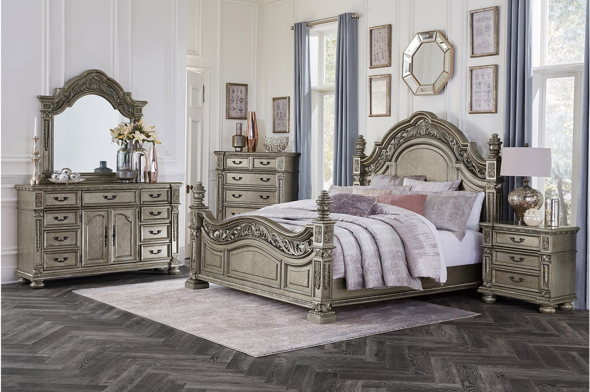 Luxury Catalonia Platinum Gold Bedroom Set - Queen Size Bed Frame with Nightstands & Dresser - Elegant Master Bedroom Furniture for Upscale Home Decor
