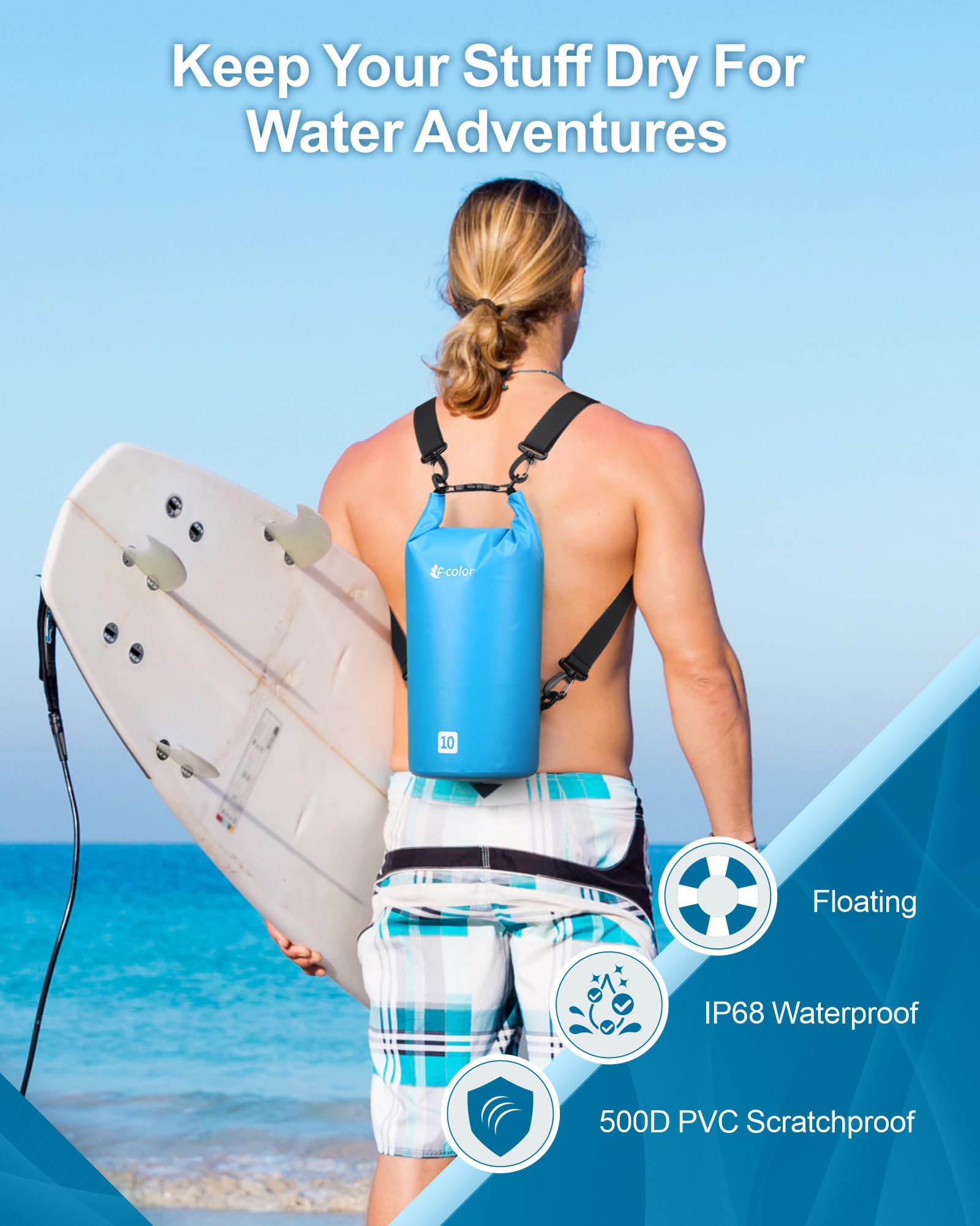 F-color Waterproof Dry Bag Backpack - 5L 10L 20L 30L 40L Lightweight Roll Top Pouch with Phone Case for Kayaking, Beach, Boating, Paddleboarding, Camping, Fishing | Outdoor Water Sports, Hiking & Travel Essentials