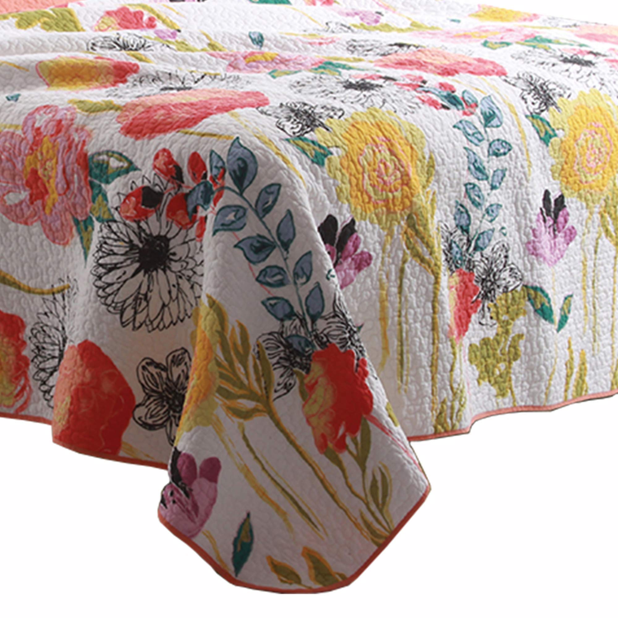 Benjara 3-Piece King Size Cotton Quilt Set with Stencil Floral Print - Luxury Bedding for Master Bedroom & Guest Room Decor