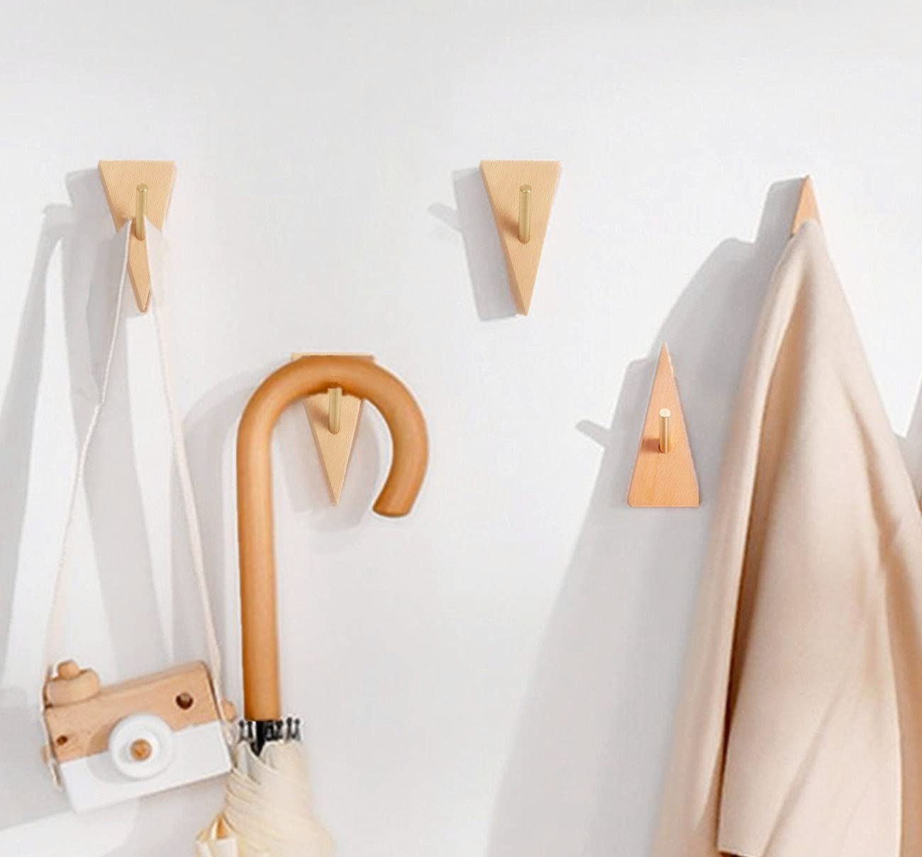4 Pack Natural Beech Wood Wall Hooks with Brass Hardware - No Drill Mounting Coat Hooks for Entryway, Bathroom & Bedroom - Perfect for Hanging Towels, Keys, Hats, Scarves & Home Decor Accessories