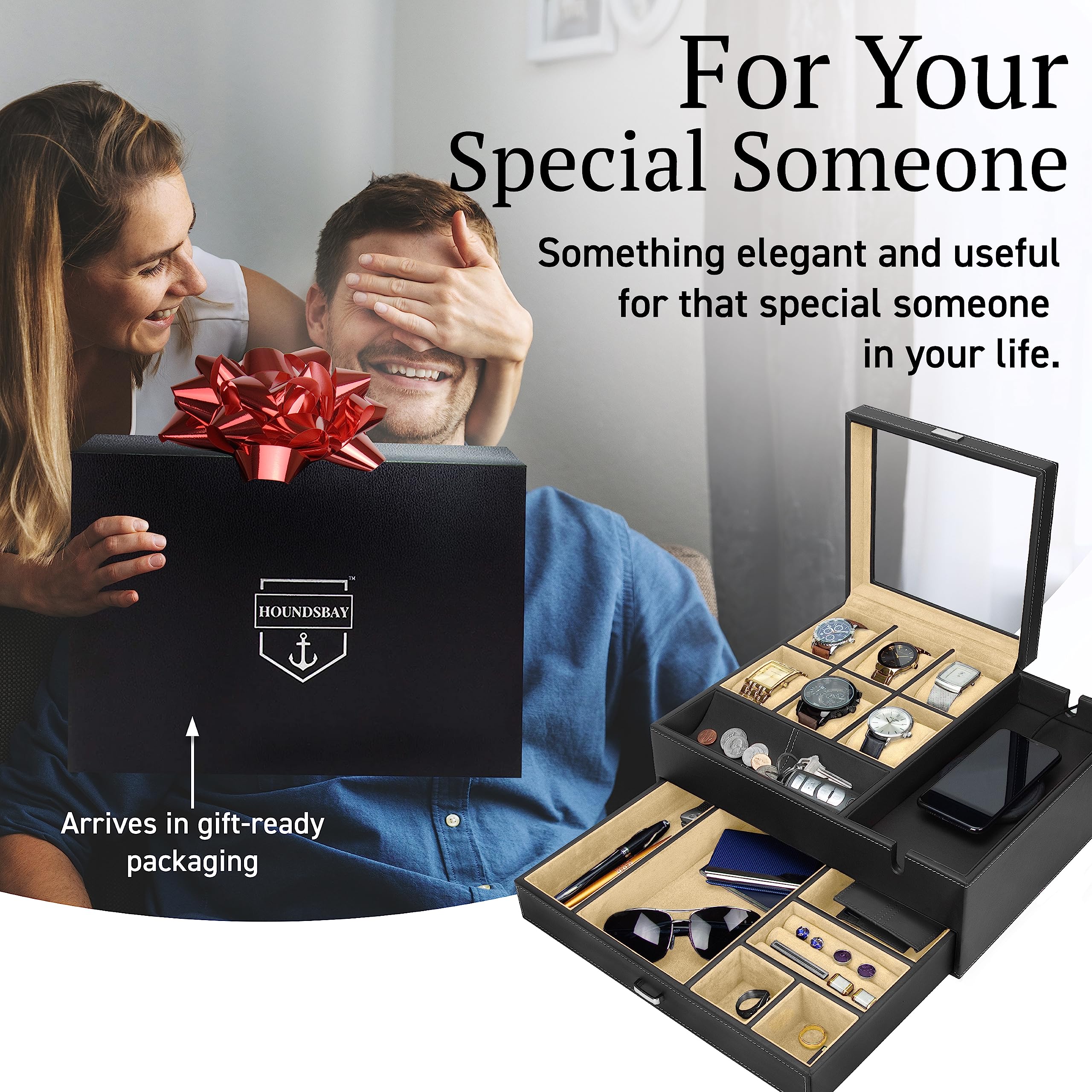 HOUNDSBAY Commander Dresser Valet Watch Box & Jewelry Organizer for Men with Smartphone Charging Station & Cufflink Storage - Black/Ivory - Perfect for Dresser Top, Nightstand, or Travel Accessories Organization