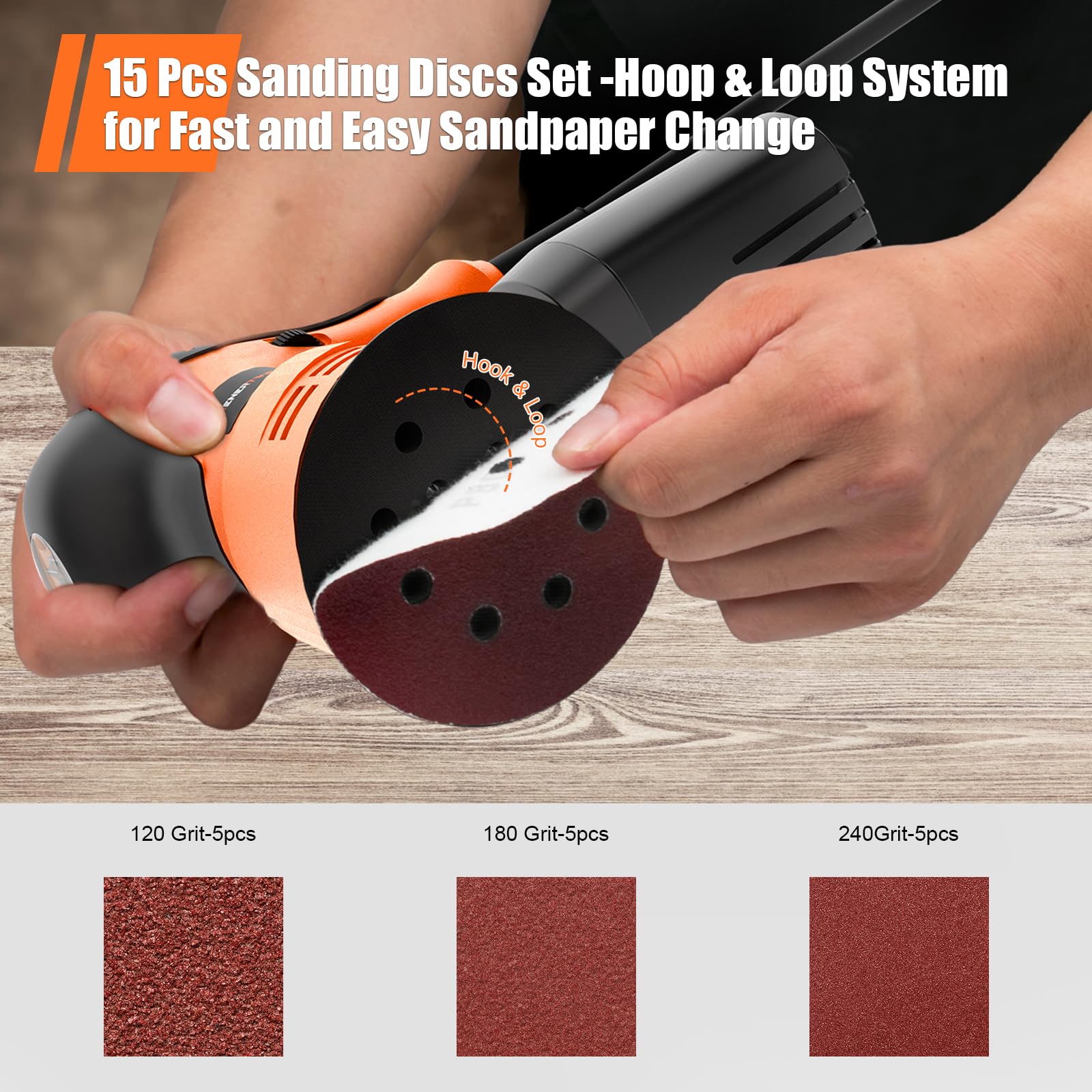 ENERTWIST 5 Inch Random Orbital Sander with Dust Collector - 6 Speed Adjustable 5000-12000 RPM, 2.4 Amp Electric Sander for Woodworking & Sanding - Includes 10pc Sanding Disc Kit for DIY Projects & Furniture Refinishing