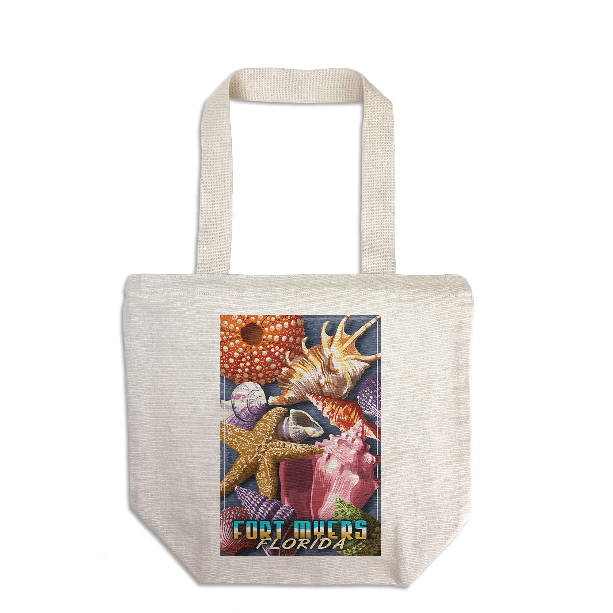 Lantern Press Fort Myers Beach Florida Shells Montage Canvas Tote Bag - 100% Cotton Reusable Shopping Bag for Beach Trips, Groceries & Eco-Friendly Lifestyle