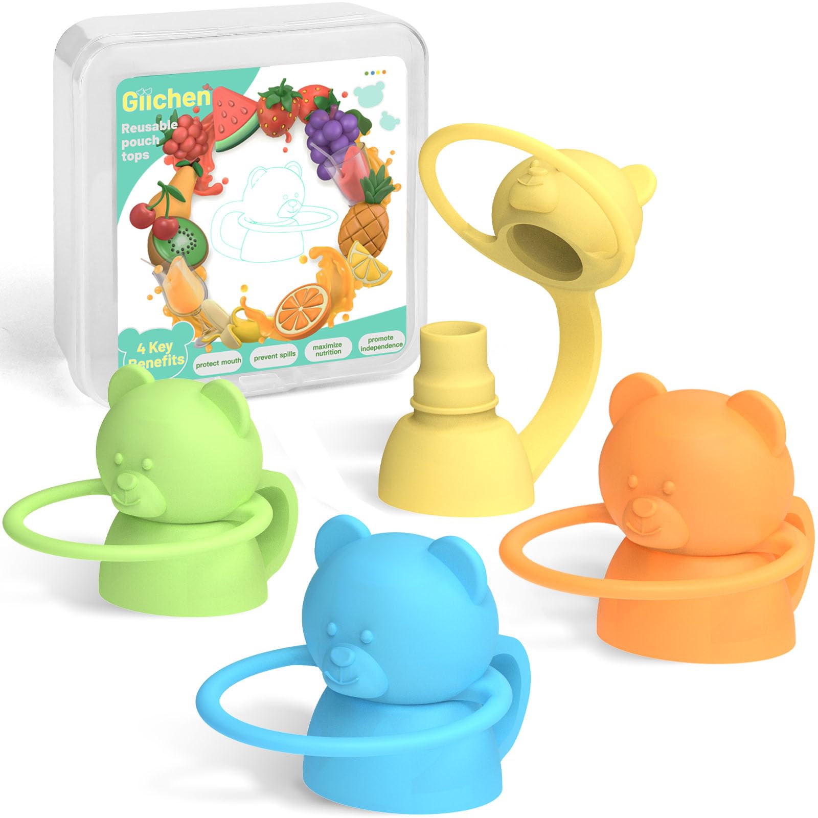 BPA-Free Silicone Baby Food Pouch Toppers - 4 Pack Spill-Proof Toddler Pouch Lids (Blue, Green, Yellow, Orange) for Mess-Free Feeding at Home, Travel & Daycare