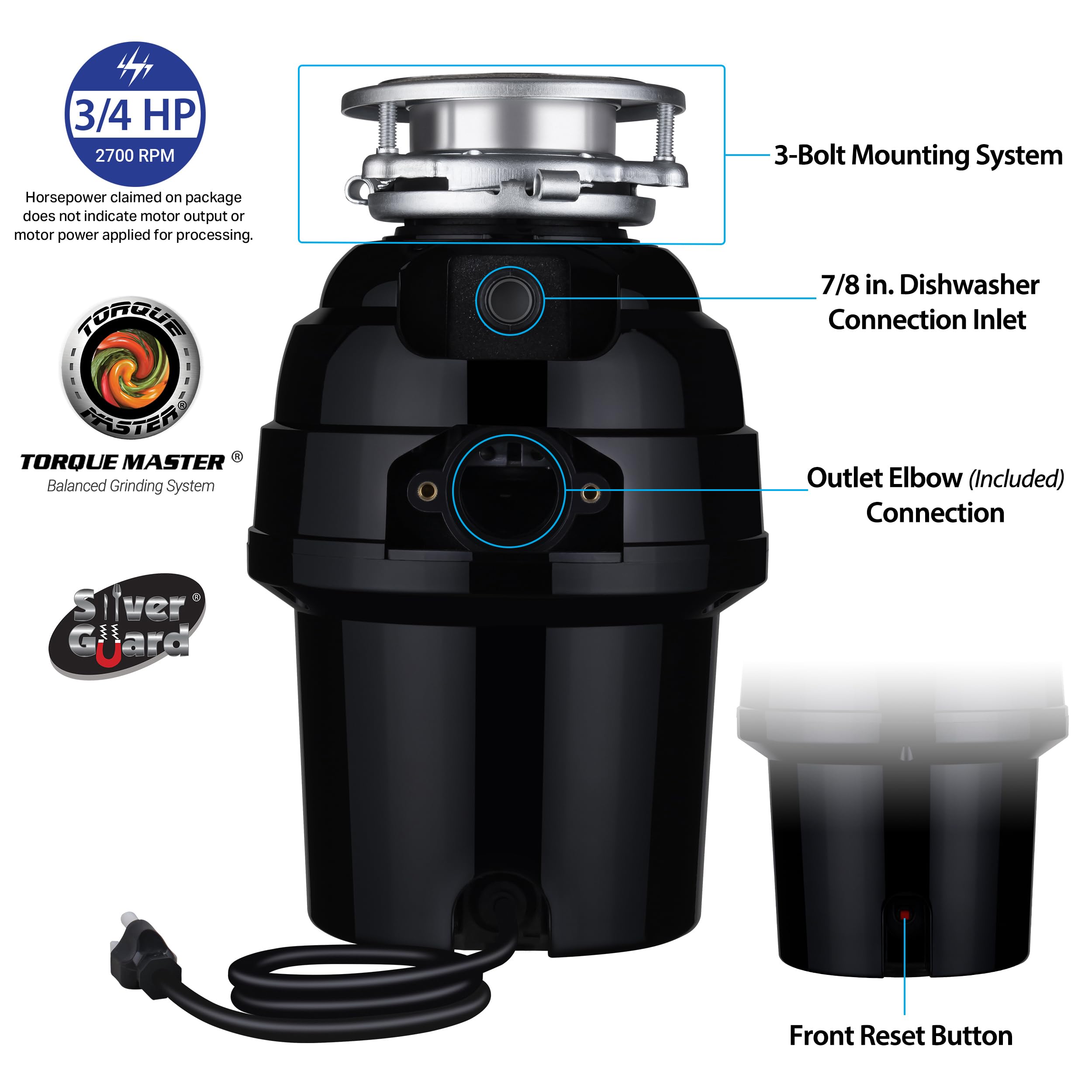 Waste Maid 10-US-WM-458-3B 3/4 HP Stainless Steel Garbage Disposal with Anti-Jam Technology - Powerful Food Waste Grinder for Kitchen Sink, Black | Ideal for Home, Restaurant & Commercial Use
