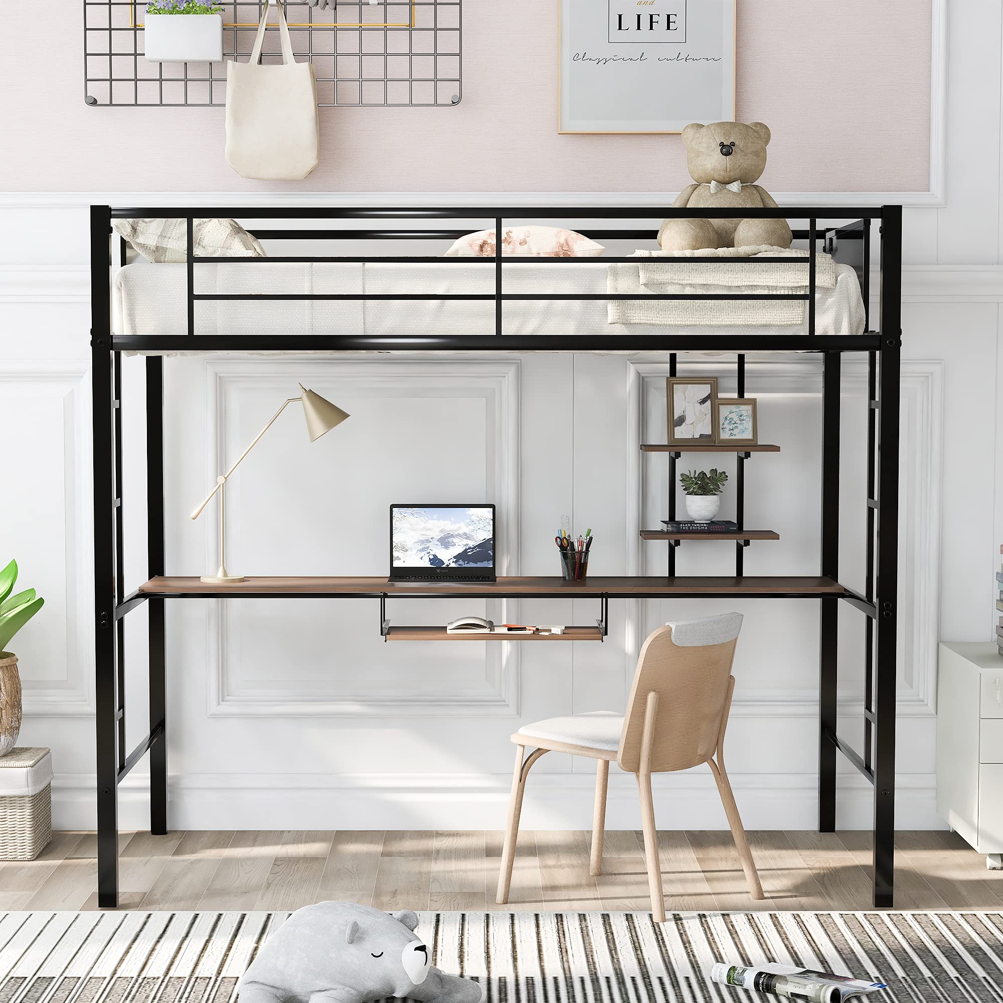 RUNNA Twin Size Metal Loft Bed with Long Study Desk - Space Saving Kids & Teens Bed with 2 Ladders, Keyboard Tray, 2 Storage Shelves & Full-Length Guardrail | Perfect for Small Bedrooms, Dorm Rooms & Studio Apartments