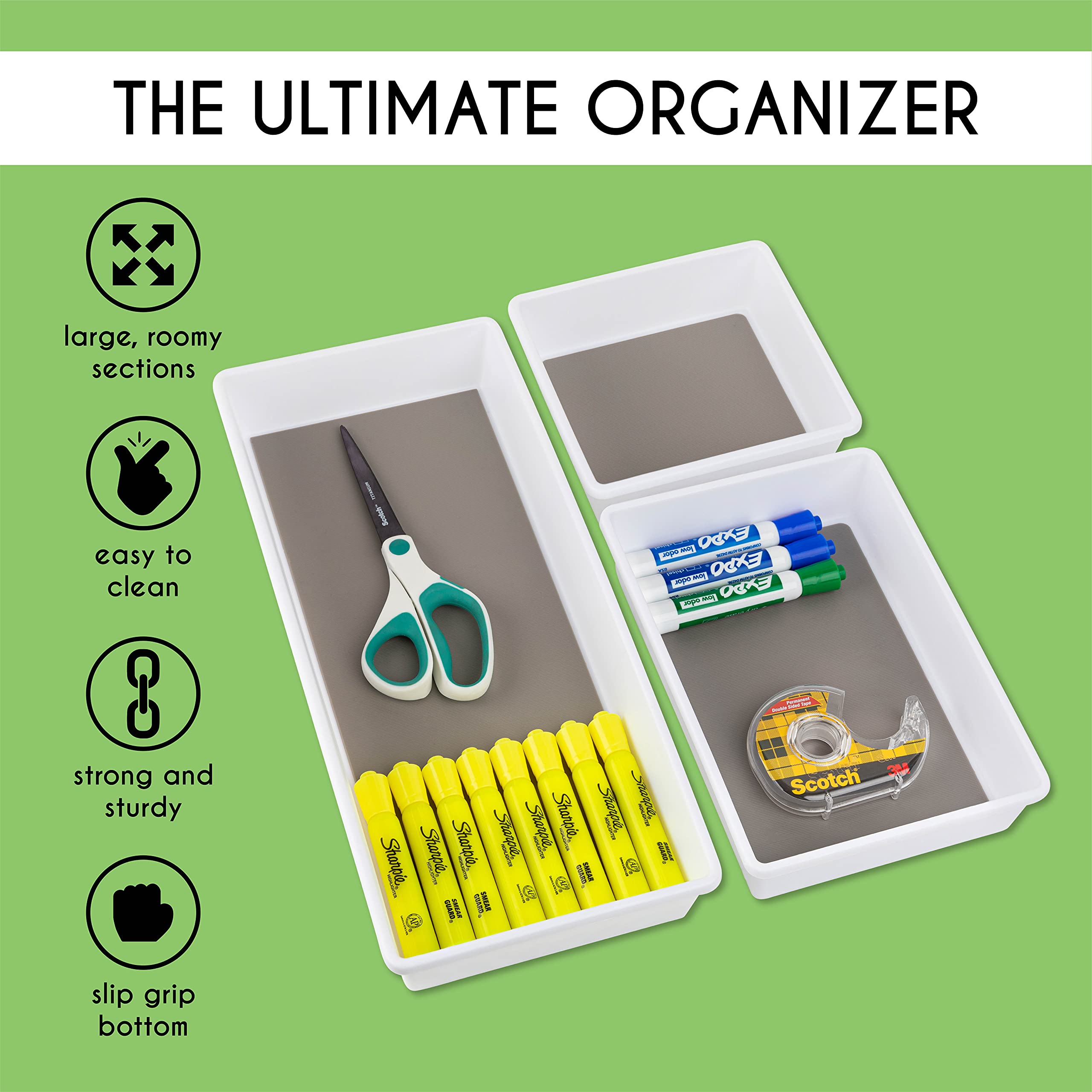 3-Size Drawer Organizers Set - Perfect for Office, Kitchen, Desk & Junk Drawer Storage | Space-Saving Organization Trays for Utensils, Stationery & Small Items