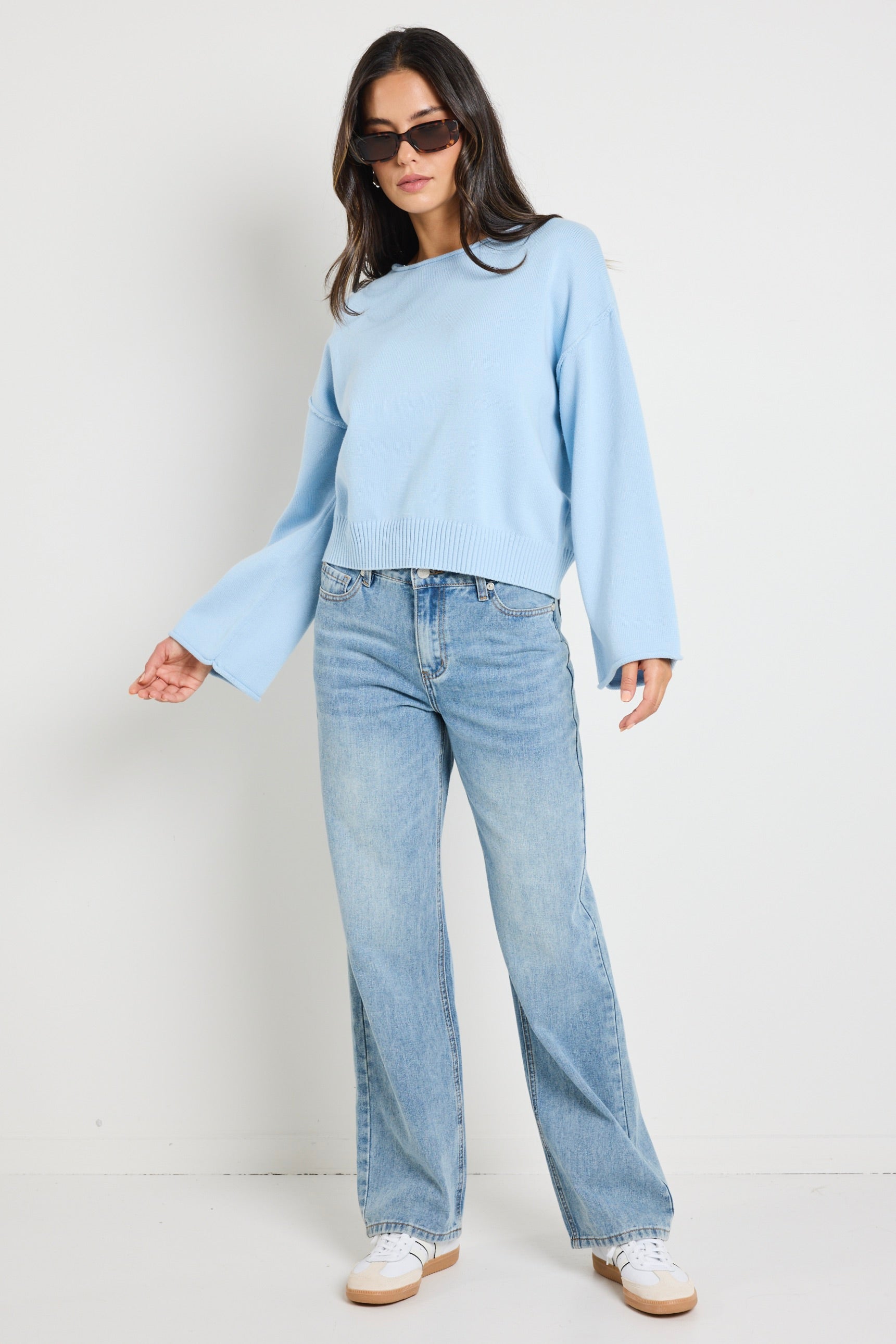Daytime Ice Blue Long Sleeve Cotton Jumper for Women - Soft & Comfortable Casual Wear for Office, Travel & Everyday Outfits