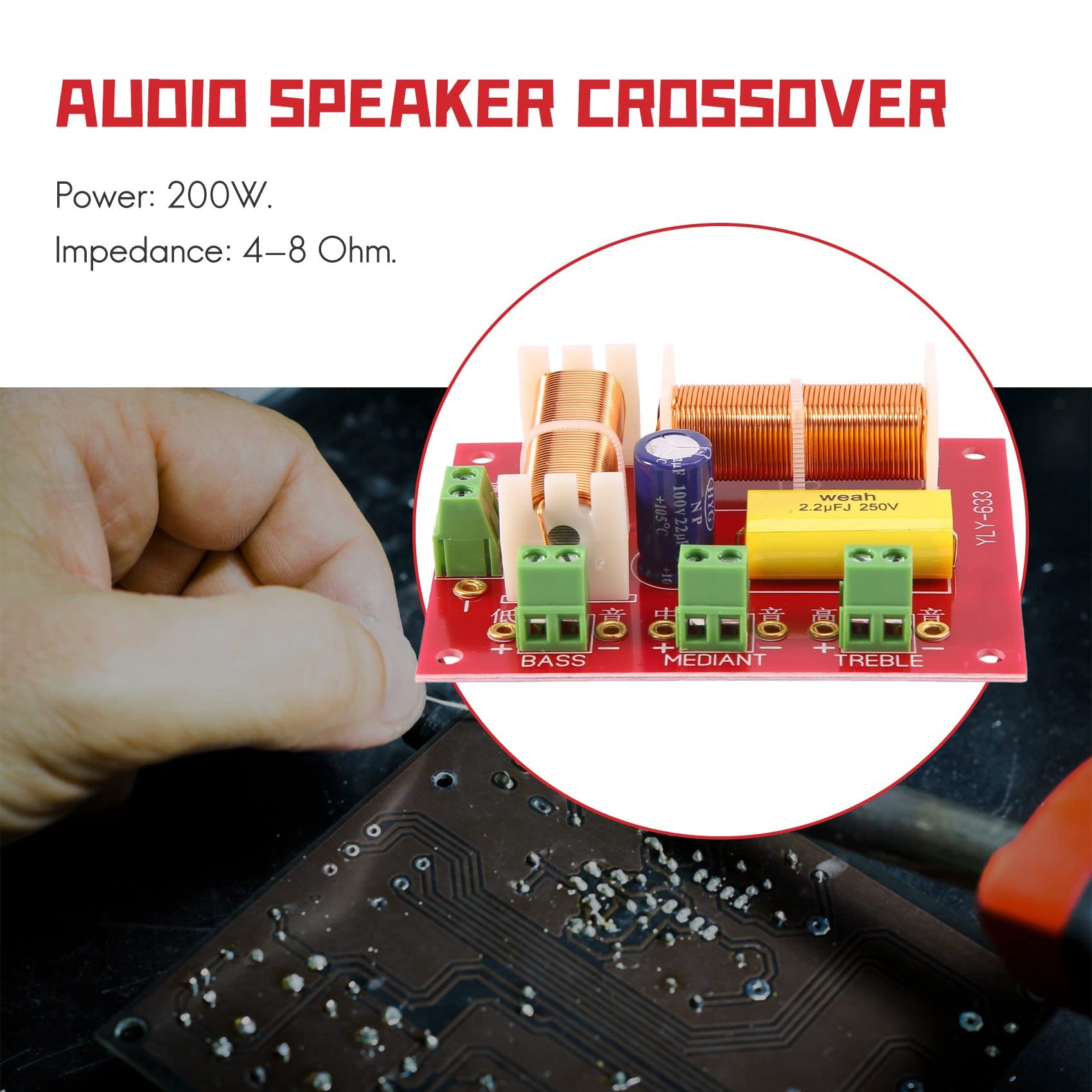 2Pcs 200W 3-Way Audio Speaker Crossover - High/Mid/Low Frequency Divider for Home Theater & Car Audio Systems - Treble, Midrange & Bass Speaker Filter for Professional Sound Quality