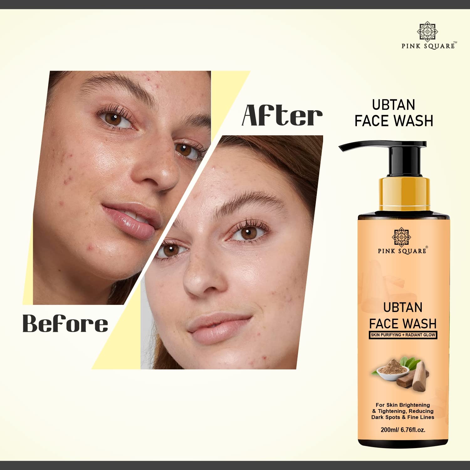 Pink Square Ubtan Face Wash for Tan Removal & Blemish Minimizing - With Saffron, Turmeric & Natural Ingredients | Even Skin Tone & Glow | 200ml | Perfect for Daily Skincare & Brightening Dull Skin