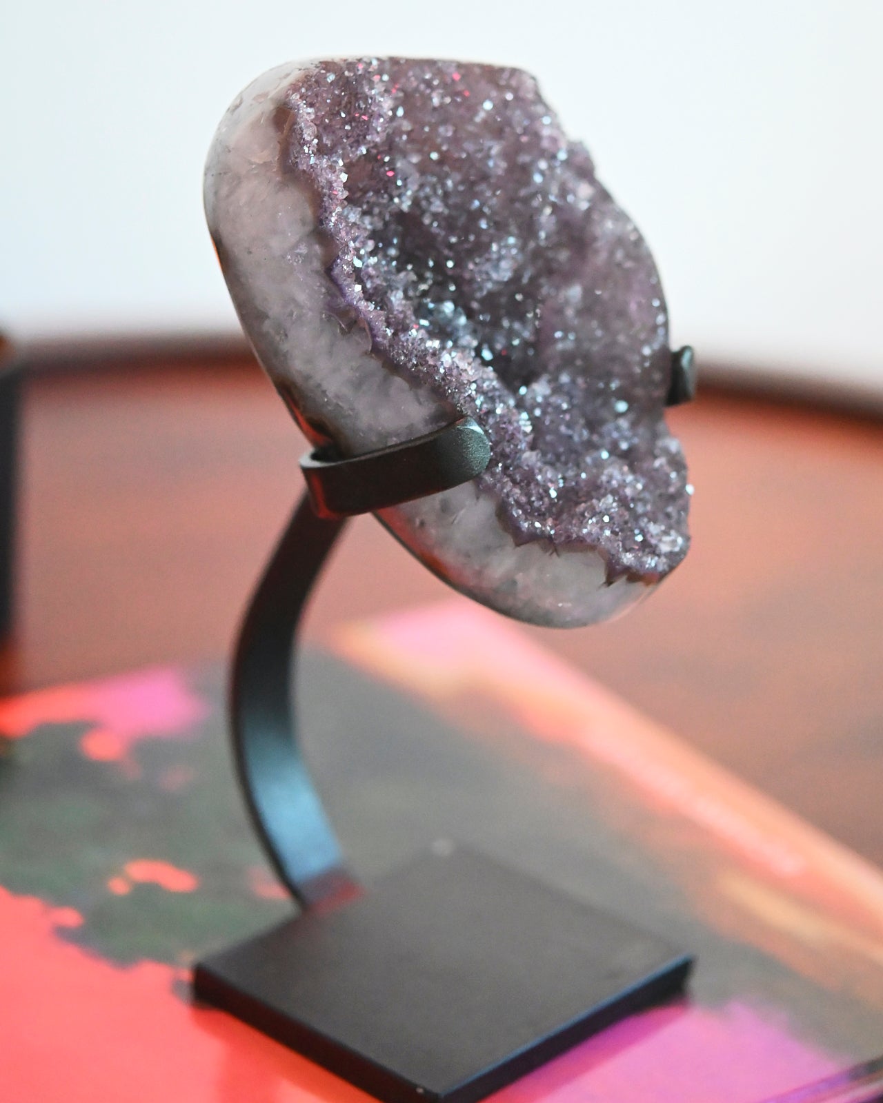 Natural Amethyst Crystal Geode on Wooden Stand - 3.1lbs Raw Purple Quartz Cluster for Home Decor, Meditation & Healing | Perfect for Living Room, Office & Spiritual Space