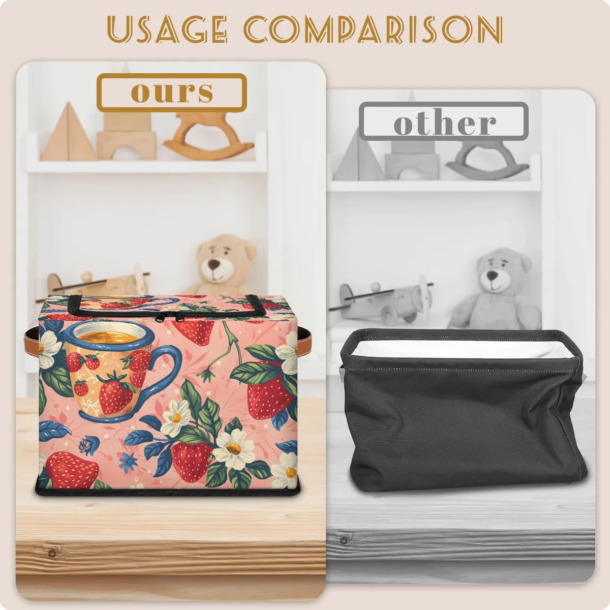 Strawberry Print Storage Bins with Zipper Lid - 2 Pack Stackable Closet Organizer Baskets, Metal Frame Storage Cubes with PU Handles - Perfect for Clothes, Toys, and Home Organization