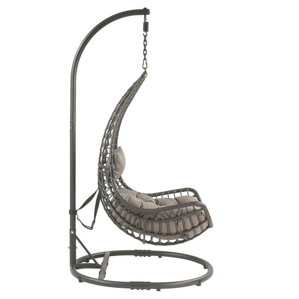ACME Uzae Gray & Charcoal Wicker Hanging Chair with Metal Stand - Perfect for Outdoor Patio, Garden, and Backyard Relaxation