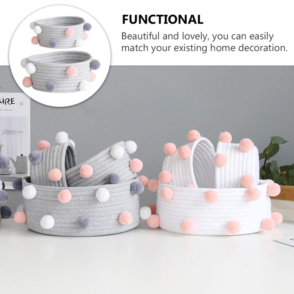 Cabilock 2-Piece Round Woven Pompom Basket Set - Small Fabric Storage Bins for Cosmetics, Clothes & Baby Items | Braided Plush Organizer for Closet, Nursery & Home Decor