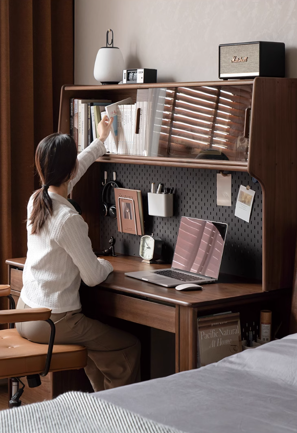 Premium Black Walnut Solid Wood Computer Desk with Bookshelf - Home Office Workstation for Remote Work & Study