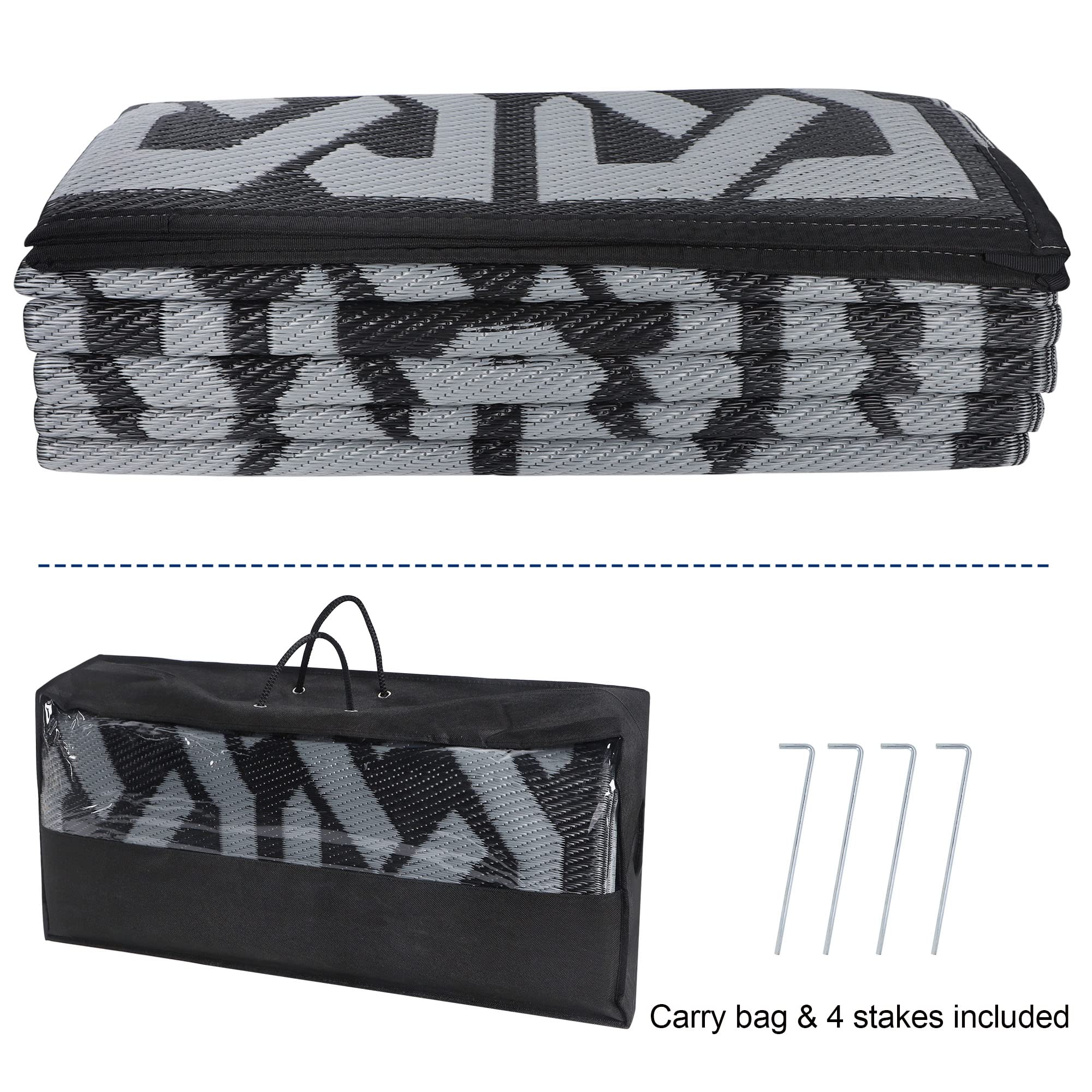 Reversible Outdoor Patio Rugs - 9'x12' Plastic Straw Floor Mat for RV, Deck, Backyard, Camping & Trailer - Modern Chain Black & Grey Design - Waterproof & Durable for All Weather Use