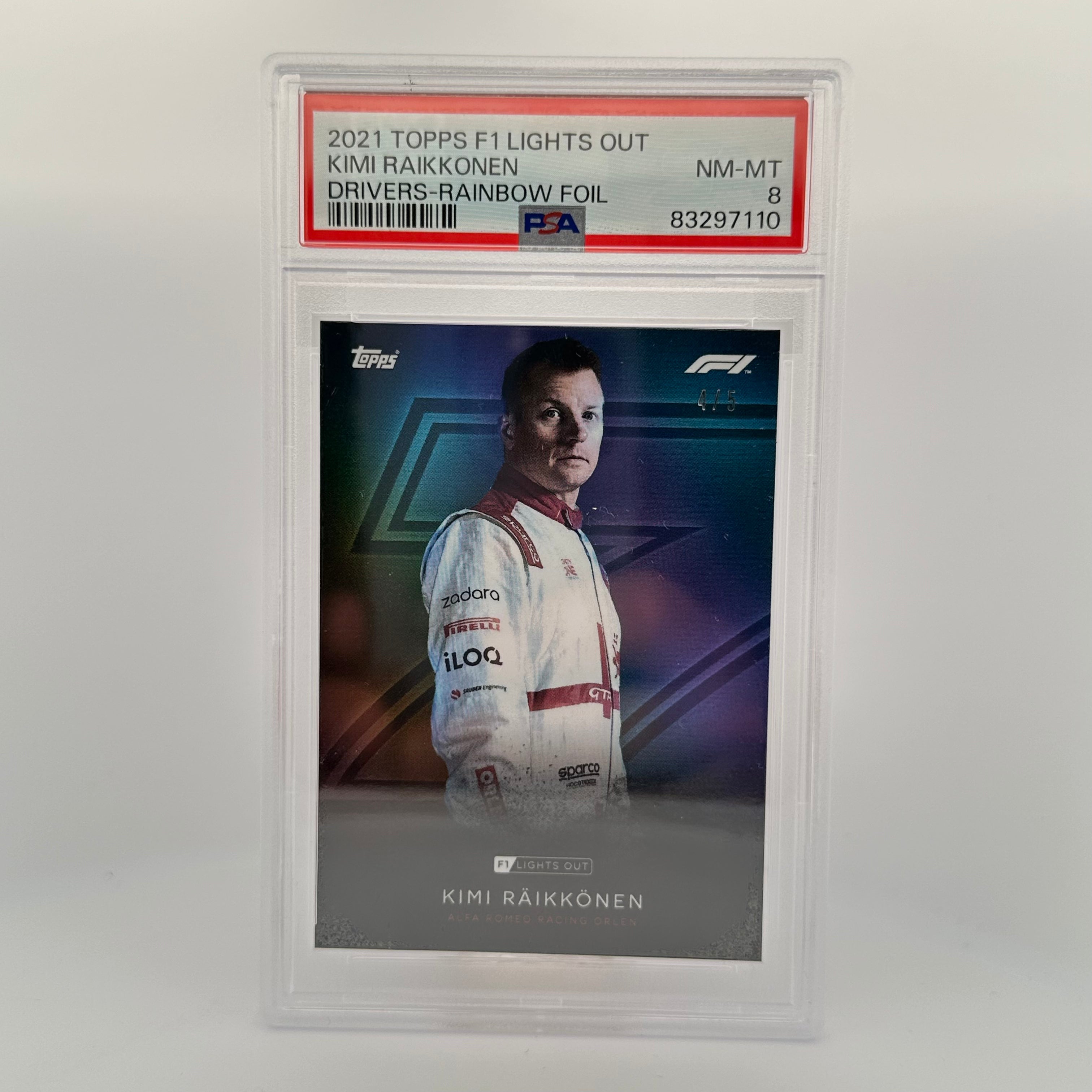 PSA 8 Graded Kimi Raikkonen Formula 1 Driver Rainbow Foil Trading Card - Perfect for Collectors, Fans & Sports Memorabilia Enthusiasts