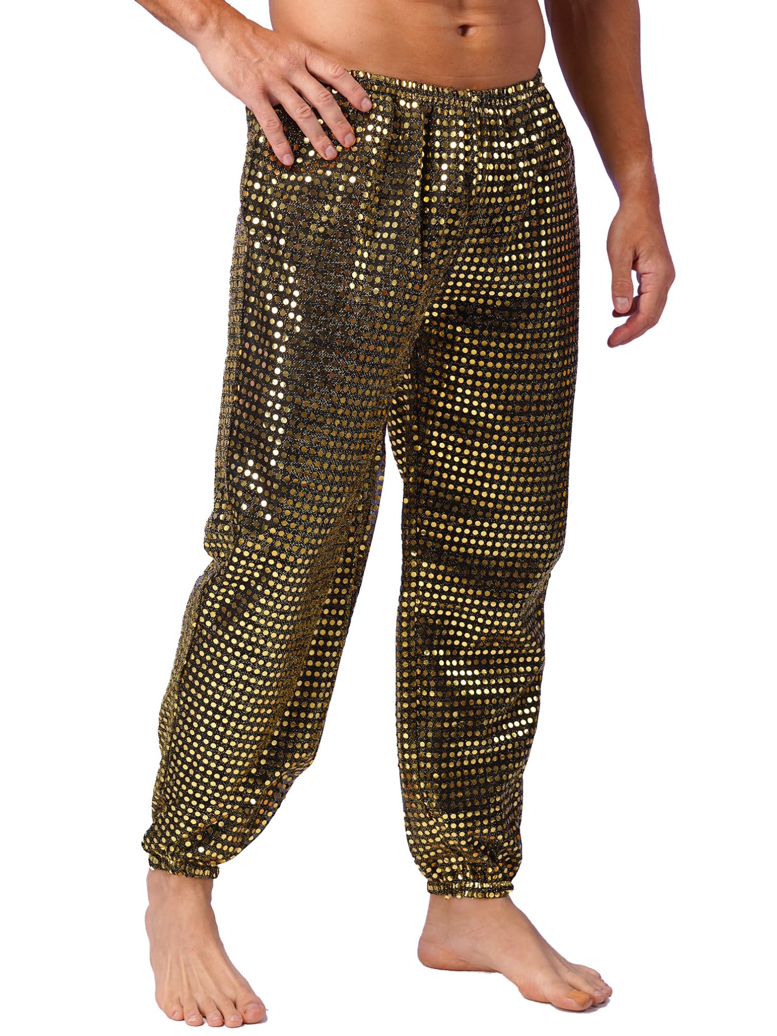 YiZYiF Men's Glitter Sequins Hip Hop Dance Harem Pants - Baggy Joggers with Shiny Disco Style for Stage Performance & Casual Wear
