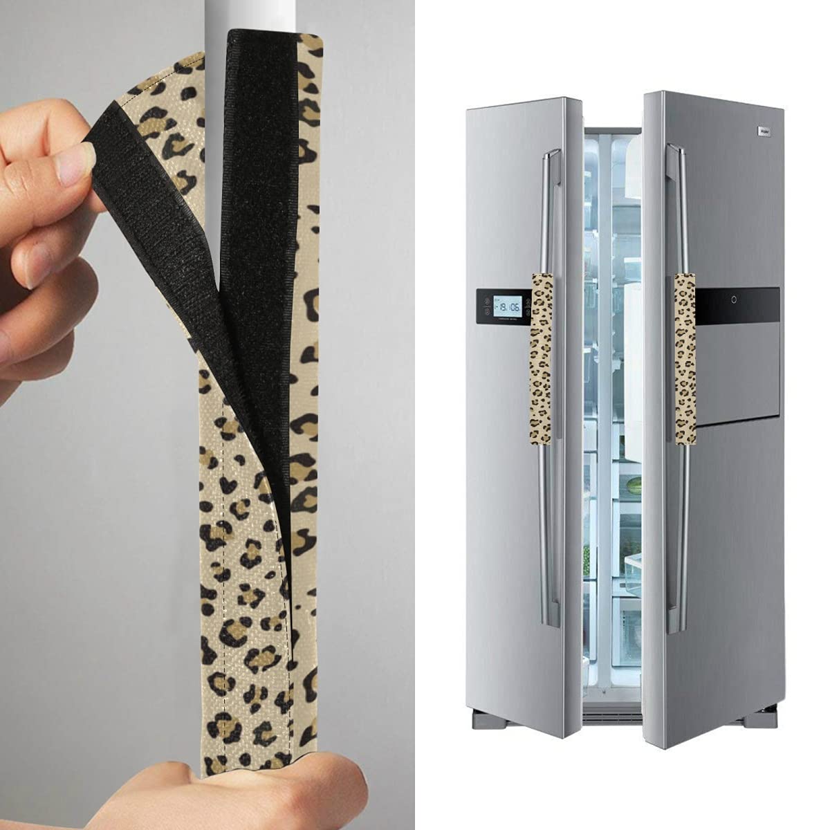 2 Pcs Leopard Print Refrigerator Door Handle Covers - Removable Kitchen Appliance Handle Protectors for Dishwasher, Microwave Oven - Soft Cloth Dust Covers for Home & Kitchen Use