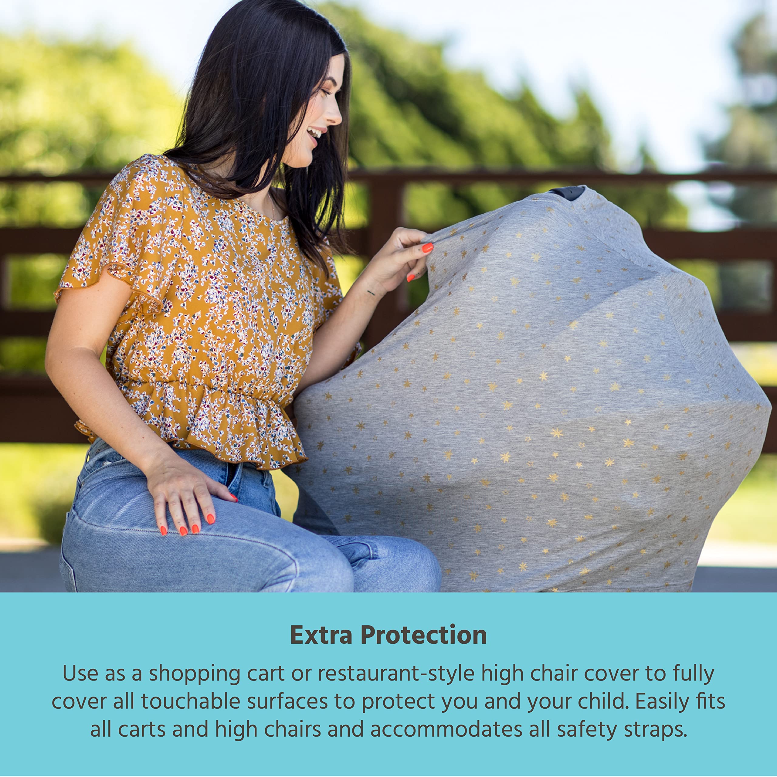 J.L. Childress 4-in-1 Baby Car Seat Cover - Stretchy Multi-Use Canopy & Privacy Shield - Nursing Cover for Breastfeeding - Gender Neutral Grey/Gold Stars Design - Perfect for Travel, Shopping & Outdoor Activities