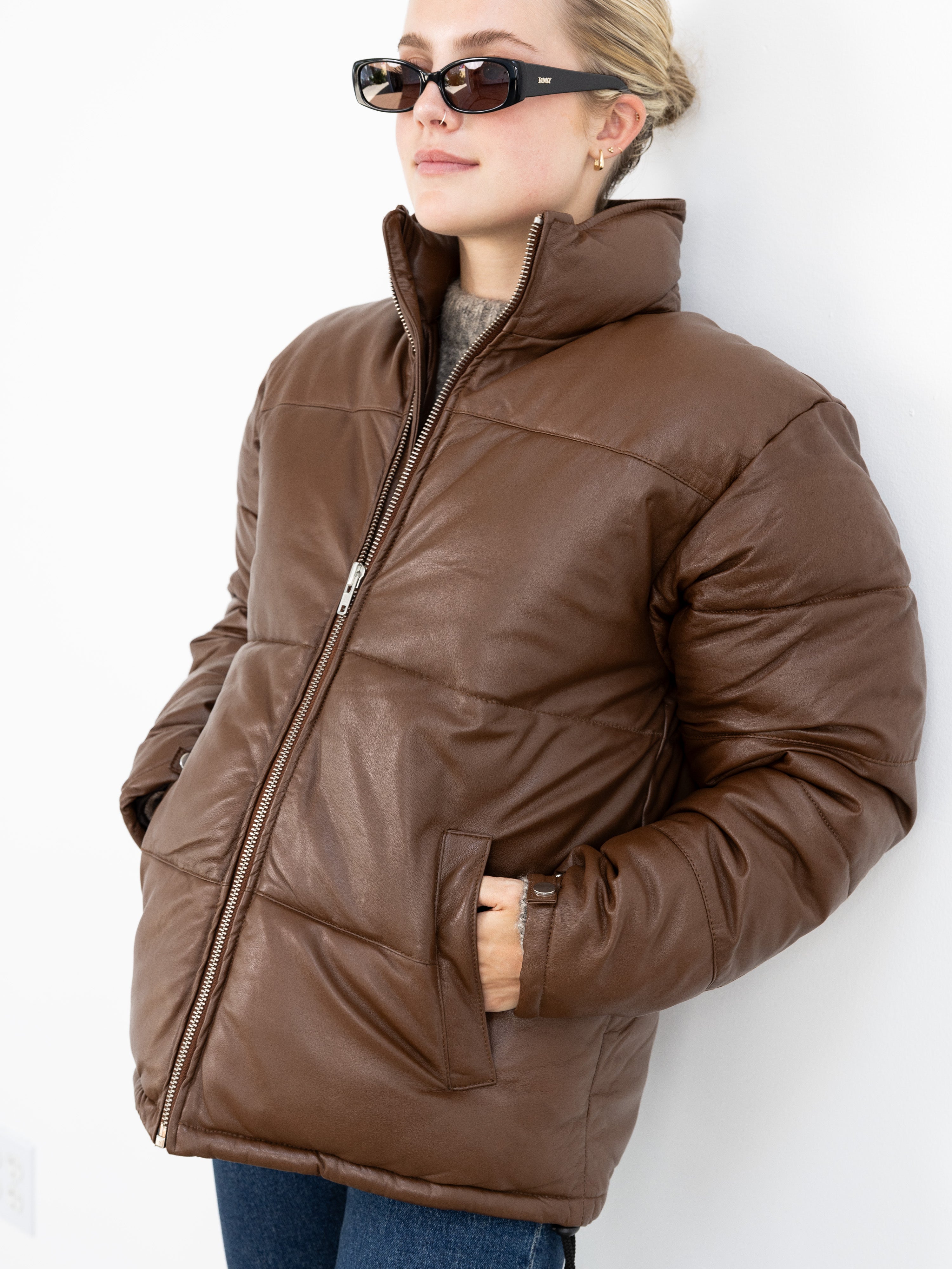 Denver Genuine Leather Puffer Jacket for Men - Warm Winter Coat, Brown | Outdoor Activities & Casual Wear