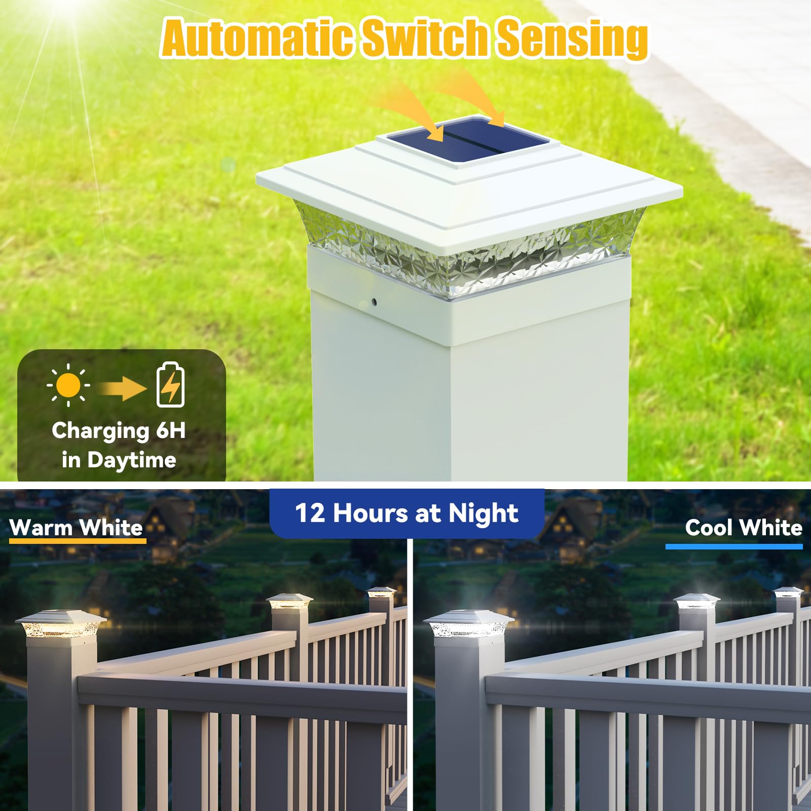 APONUO 12 Pack Solar Post Lights Outdoor - 16 LED Solar Powered Fence Post Cap Lights for 4x4 5x5 6x6 Vinyl & Wooden Posts, Waterproof with 2 Lighting Modes - Perfect for Deck, Fence, Porch, Garden & Pathway Lighting (White)