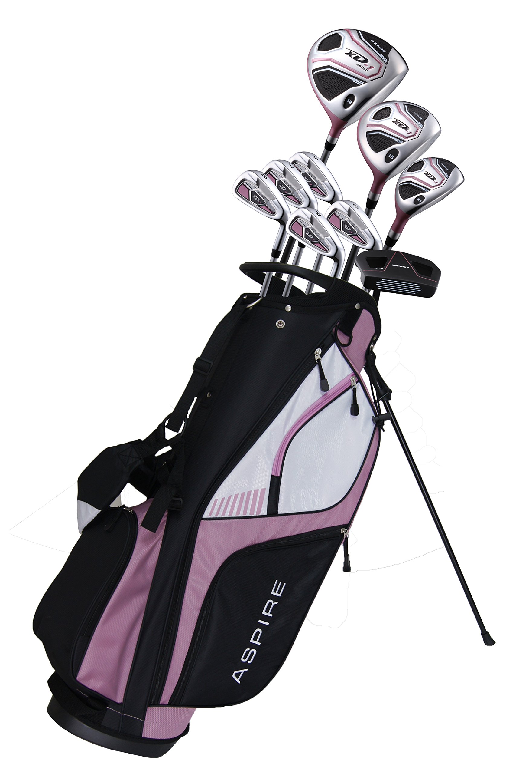 **Aspire XD1 Women's Complete Golf Club Set - Right Handed Driver, Fairway, Hybrid, 6-PW Irons, Putter, Stand Bag & 3 Headcovers - Ultra-Light Graphite Shafts, 3 Sizes (Pink) - Perfect for Beginners & Recreational Golfers**