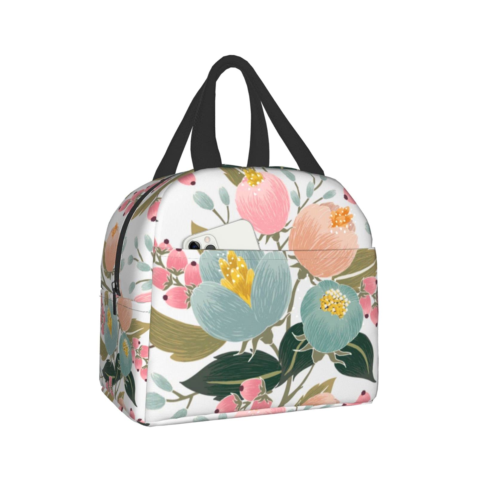 Insulated Lunch Bag for Women & Men - Leakproof Cooler Lunch Box with Blue Pink Floral Design, Reusable Thermal Tote for Work, School, Picnic & Beach | Perfect for Office Meals, Kids Lunches & Outdoor Activities